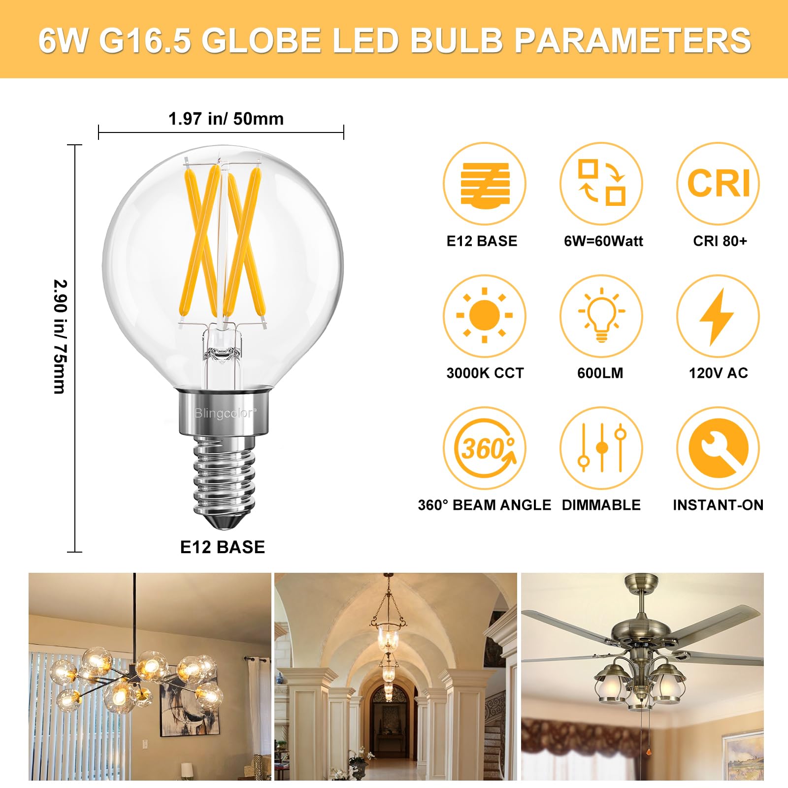 Dimmable E12 Led Bulbs 60 Watt Equivalent, 6 Pack G16.5 Small Globe 6W Led Light Bulbs, Soft White 3000K E12 Led Candelabra Ligh
