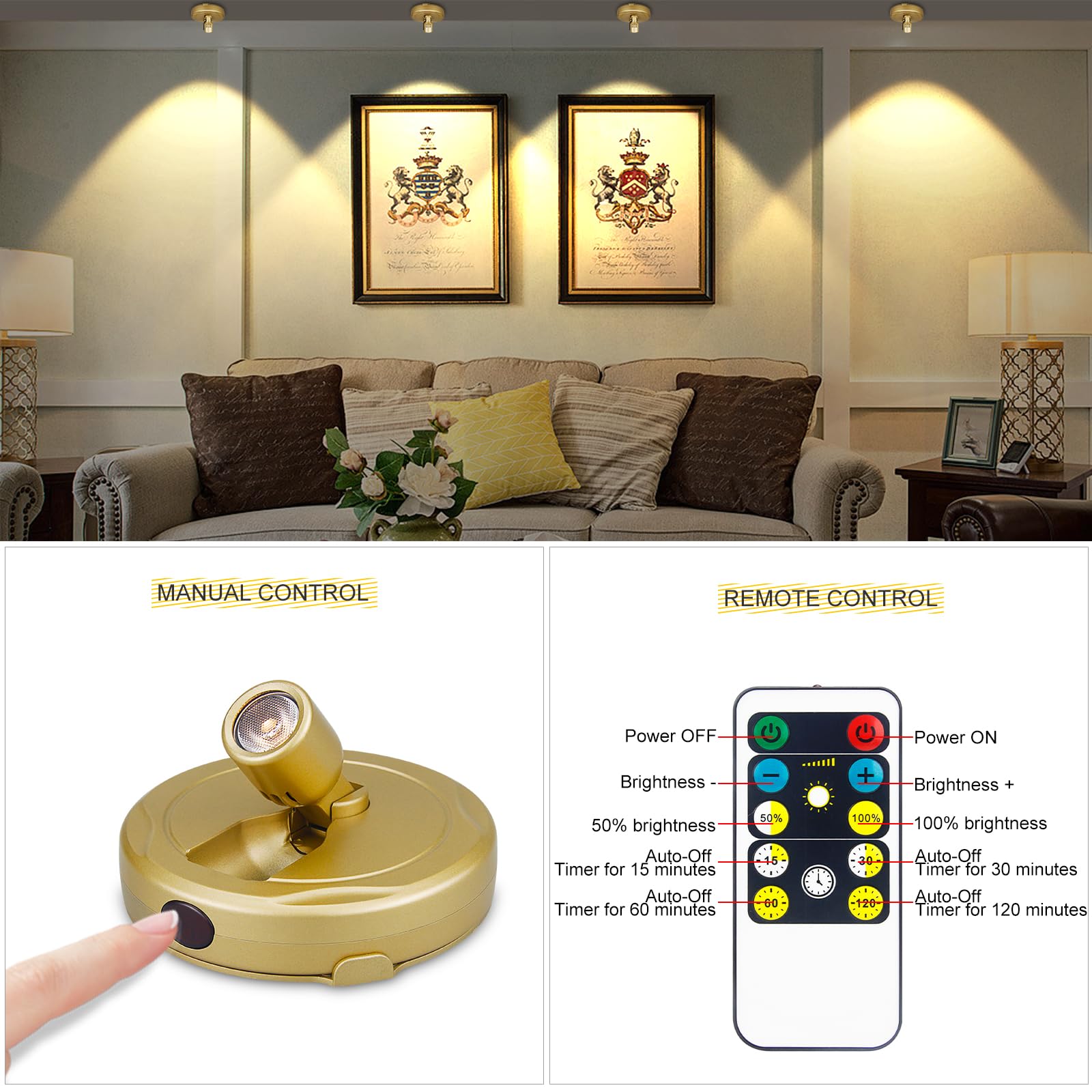 Arixinks 2-Pack Gold Battery Spotlight with Remote - Wireless LED Picture Lights for Wall Art, Indoor Plants, and Ceiling Accent Lighting