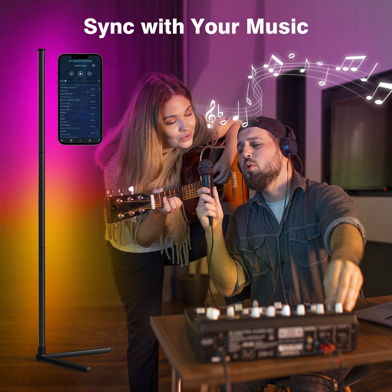 RIYO LED Corner Floor Lamp - RGB Color Changing, Music Sync, Remote Control, Model FL2000-US, Black