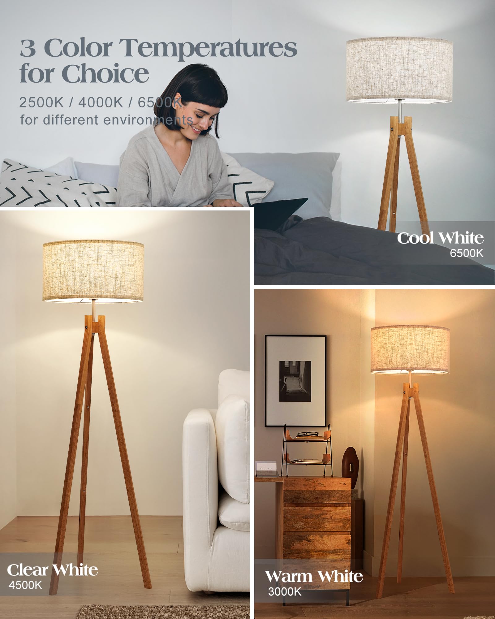 ELYONA Nordic Wood Tripod Floor Lamp - Modern Reading Light with 3 Color Temperatures, Natural Wood, Model UF1103-NAT