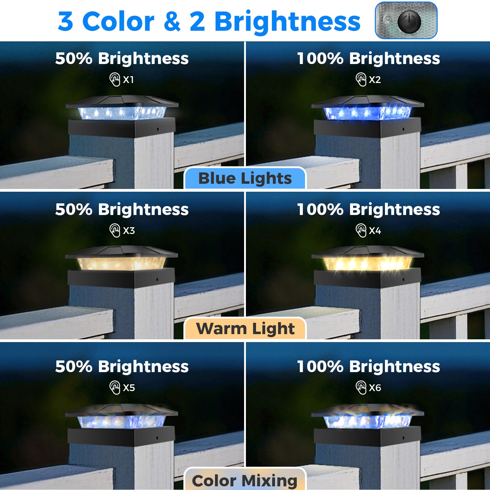 Peasur 2Pack 4X4 Solar Post Lights Outdoor  Blue & Warm White Led Fence Caps Light Waterproof  Wood & Vinyl Post Top Lighting For Deck Mailbox Railing Porch Outside