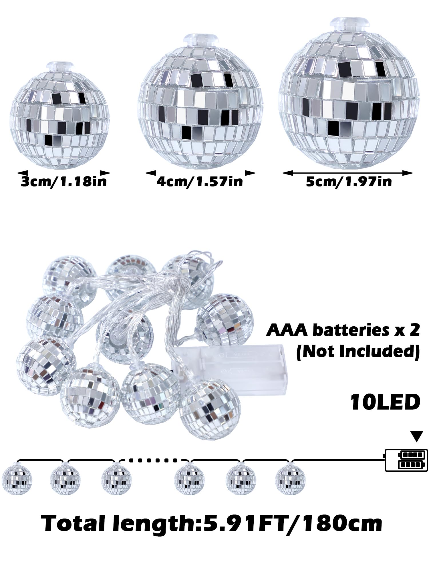 BBTO Disco Ball String Lights, 10 LED, 9.84 Feet, Battery Powered, Silver White, 1.18 Inch, Perfect for 70s 80s Party Decor