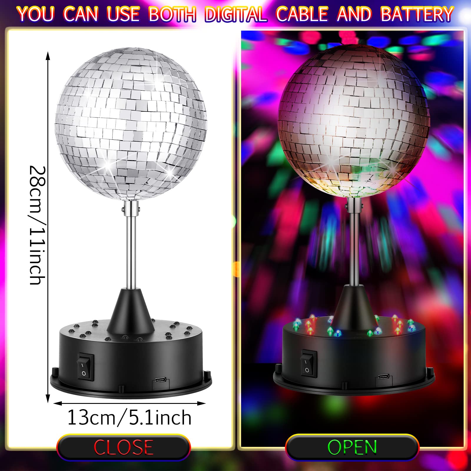 Retisee Mirror Disco Ball with Light Motor, 5in Rotating, 3 Light Colors, Black, Ideal for Parties, Weddings, Bars, and Home Decor
