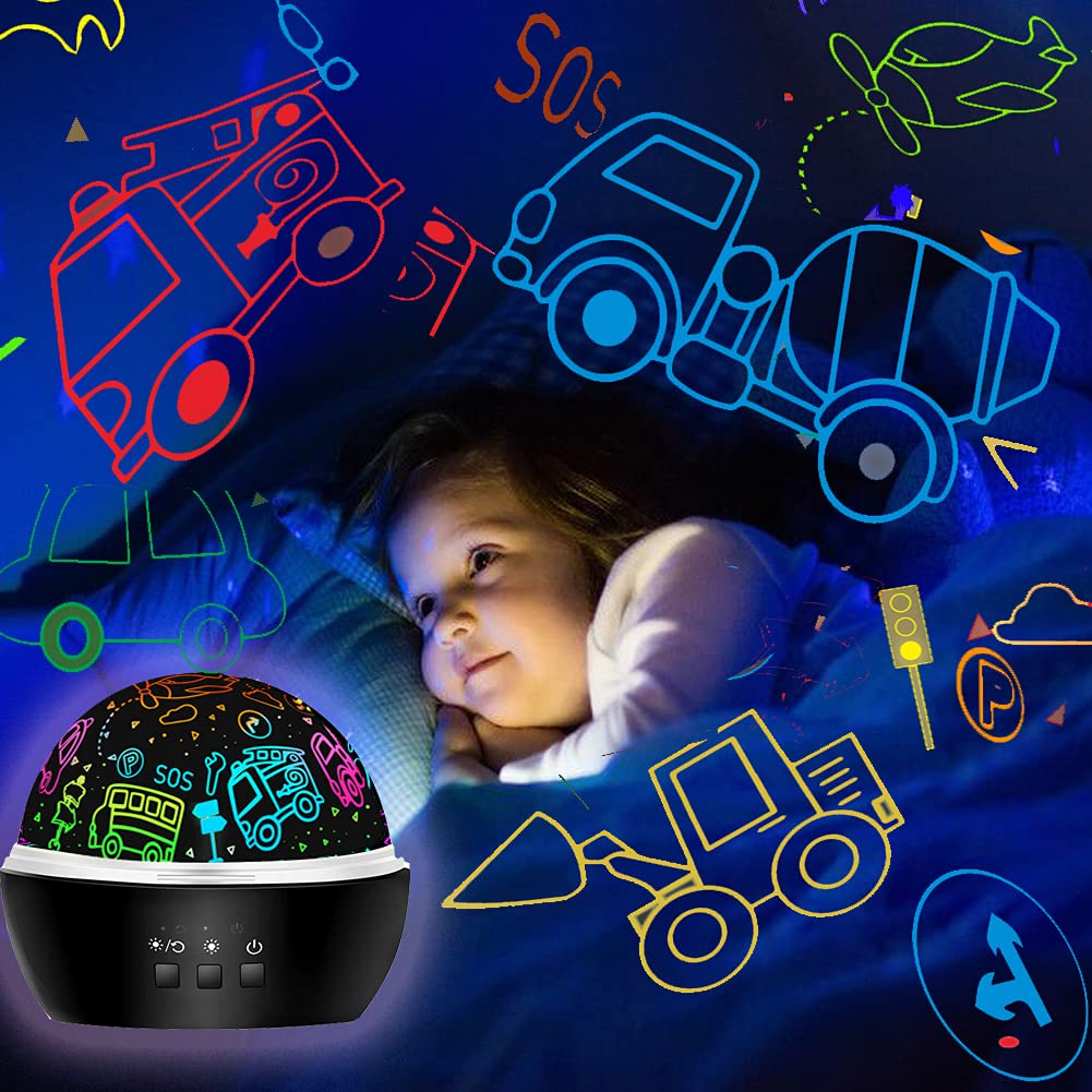 MINGKIDS 2-in-1 Rotating Dino & Vehicles Projector Night Light, Black, Model 012-1652, Perfect Gift for Kids 3-8 Years Old