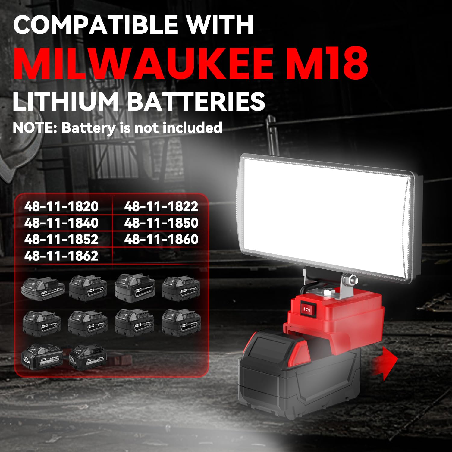 8'' Cordless Led Work Light For Milwaukee M18 Battery, Two Levels Adjustable Floodlight Up To 90W 5400 Lumens With Usb Charging