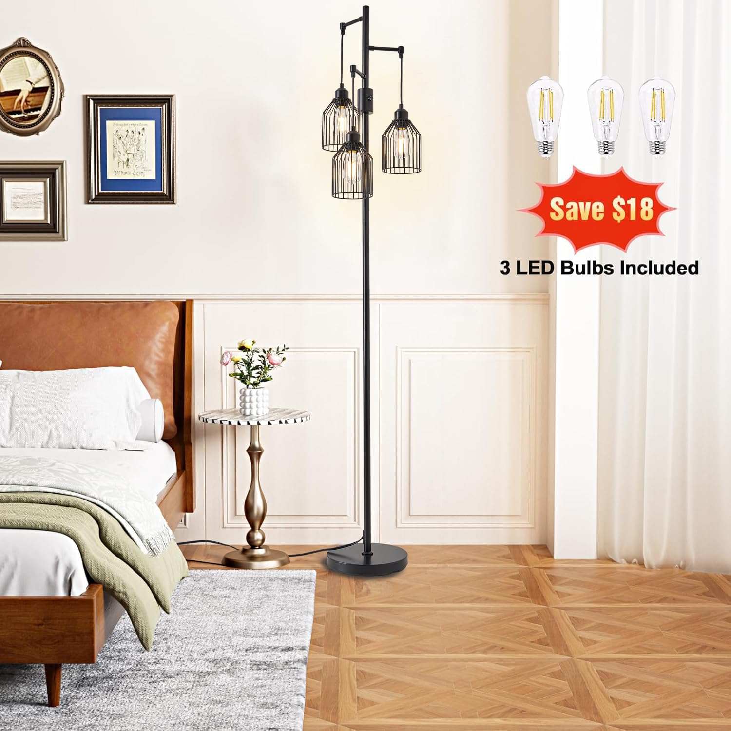 A1A9 Dimmable Floor Lamp, Industrial Style with Hanging Cage, 68.5in Black, 3 LED Edison Bulbs Included, Model NF-22425