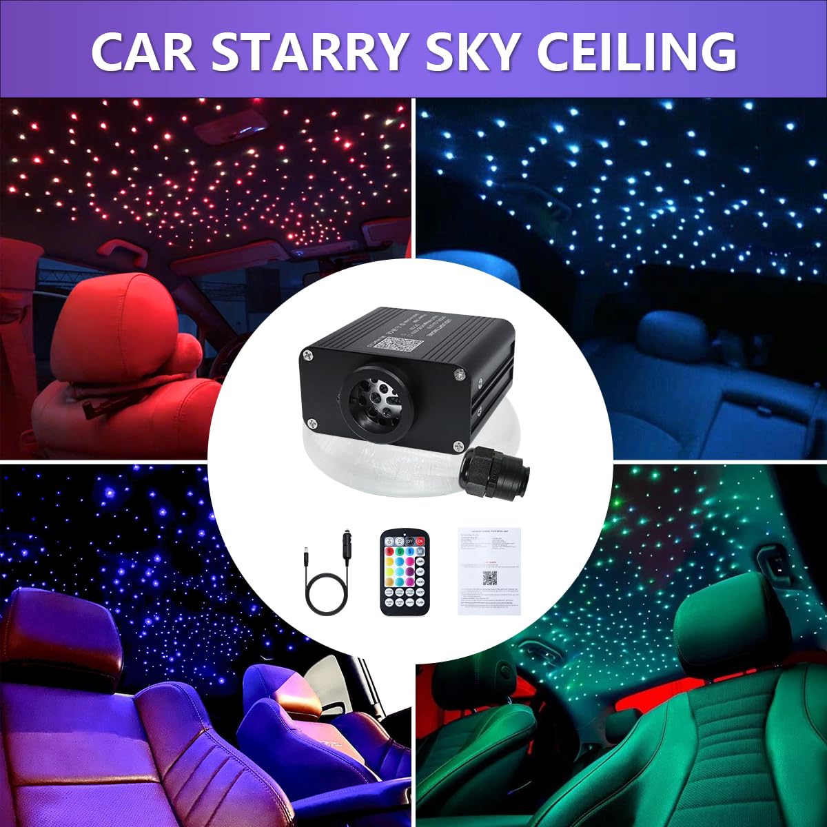 Car Starlight Headliner Kit, Twinkle & Sound Activate Rgbw 16W Fiber Optic Lights With Bluetooth App & Remote Control, 450 Pcs*0