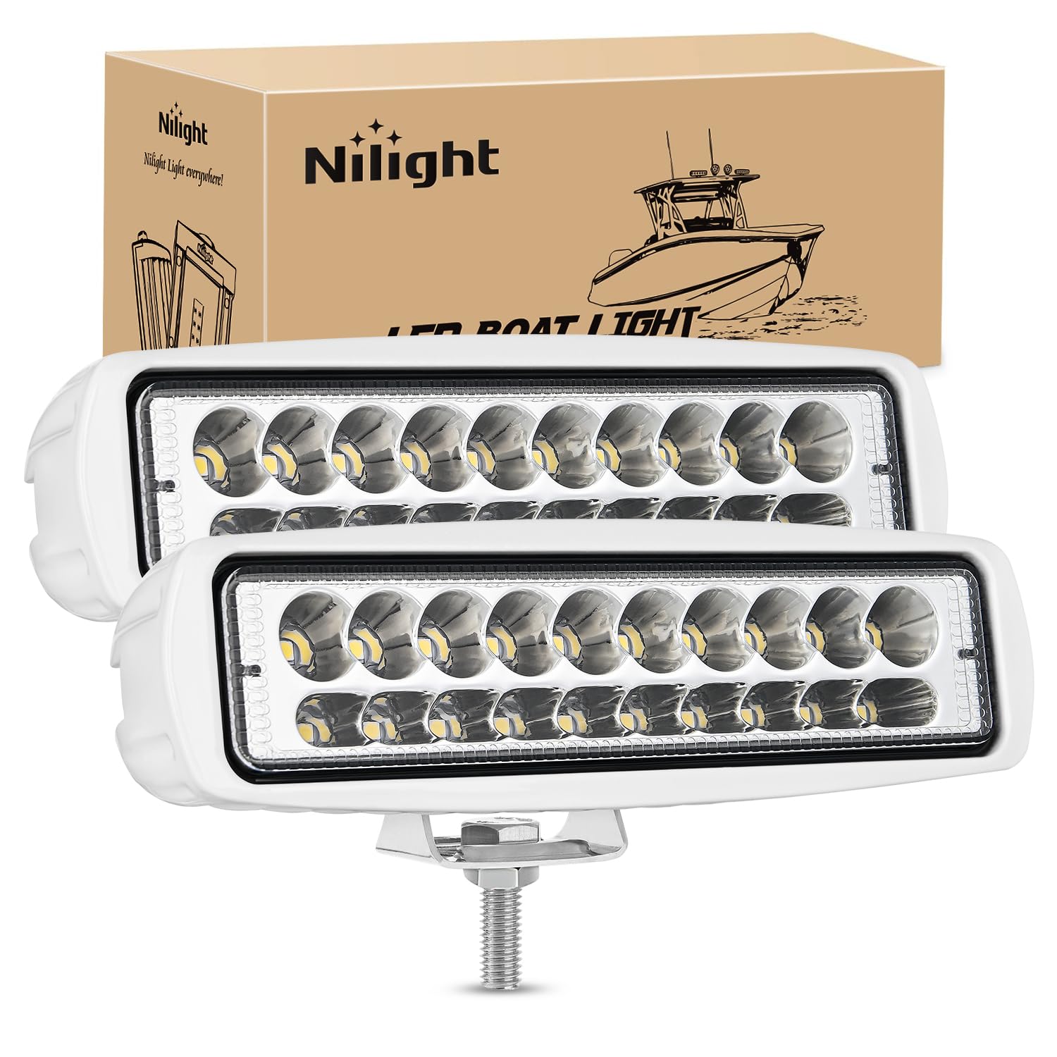 Nilight Marine Led Pods Navigation Lights 2Pcs 60W White Spot Beam Ponton Boat Deck Dock Lights For Night Fishing T-Top Stern Ya