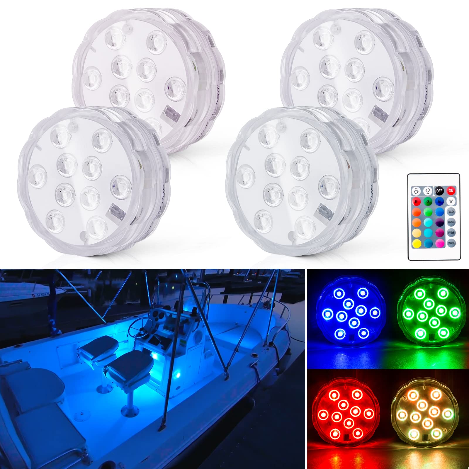 Shangyuan Wireless Marine LED Boat Lights, RGB Multi-Color Changing, Battery Powered, 4PCS, for Deck and Interior Use, White