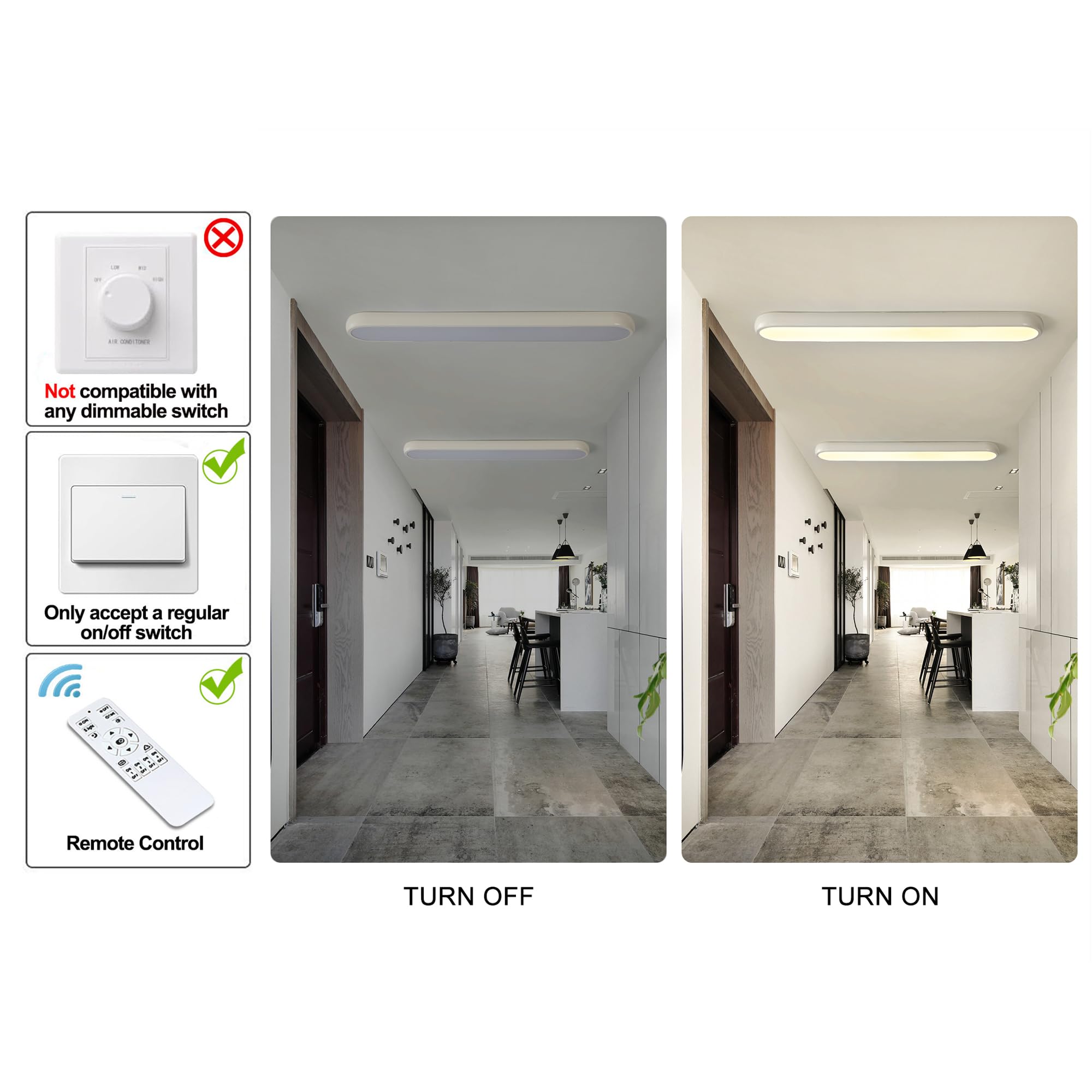 Qcyuui Dimmable Led Ceiling Light With Remote 39.4 In Long Ceiling Light Fixture Modern Flush Mount Ceiling Lamp Kitchen Lighting Fixtures Ceiling For Office Bedroom Hallway(Cream/48W)