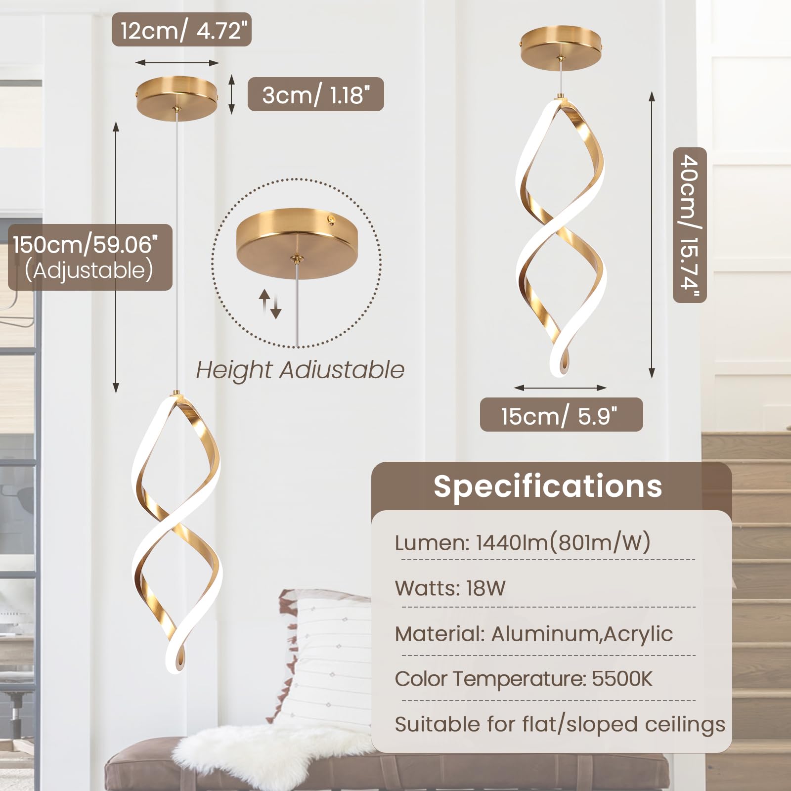 Vloitgol Gold Led Pendant Lights Kitchen Island,5500K Modern Led Pendant Lighting Over Island, Adjustable Hanging Pendant Light