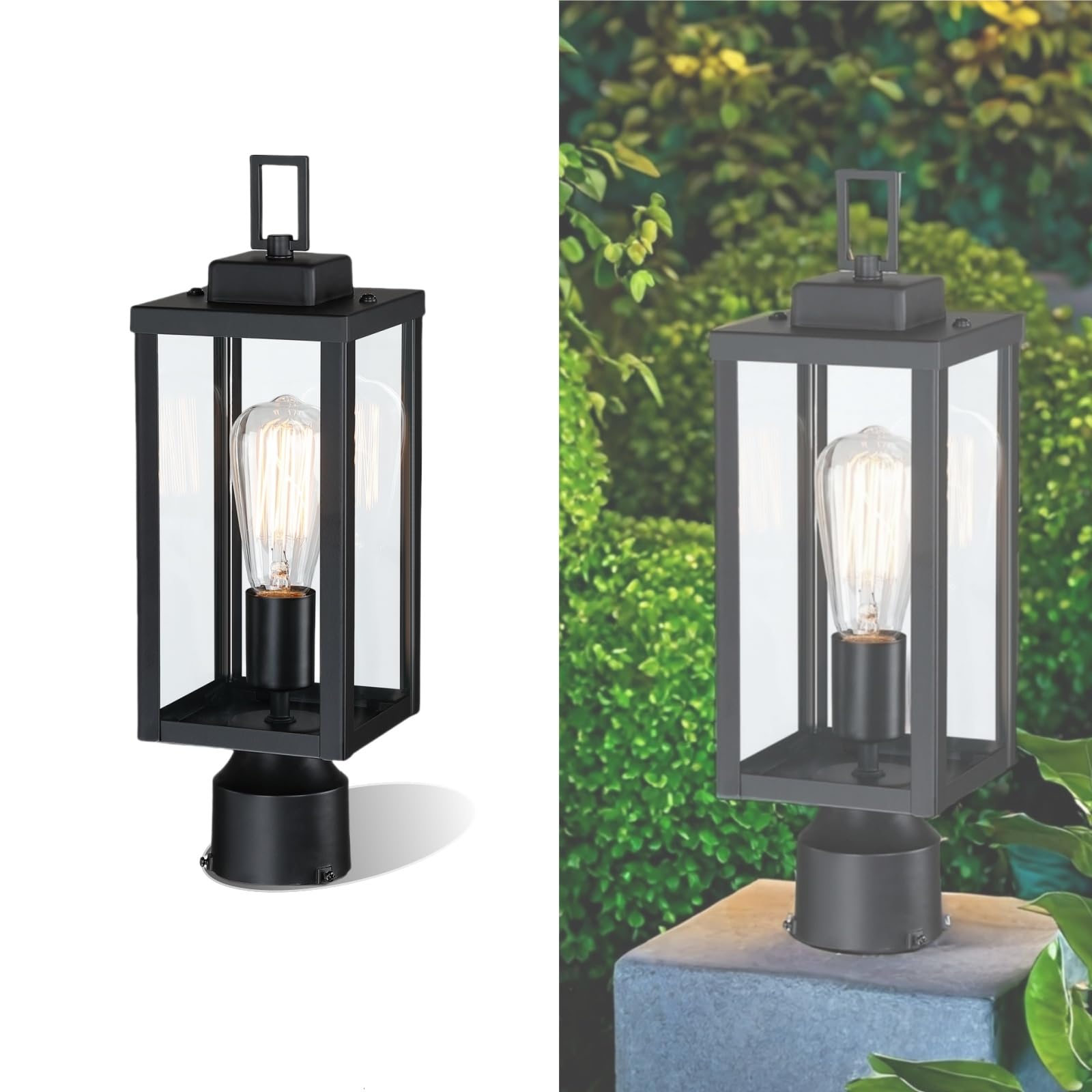 Wisbeam Outdoor Post Light, Black Metal Lantern, E26 Base, 16.5&quot; Glass, Etl Qualified