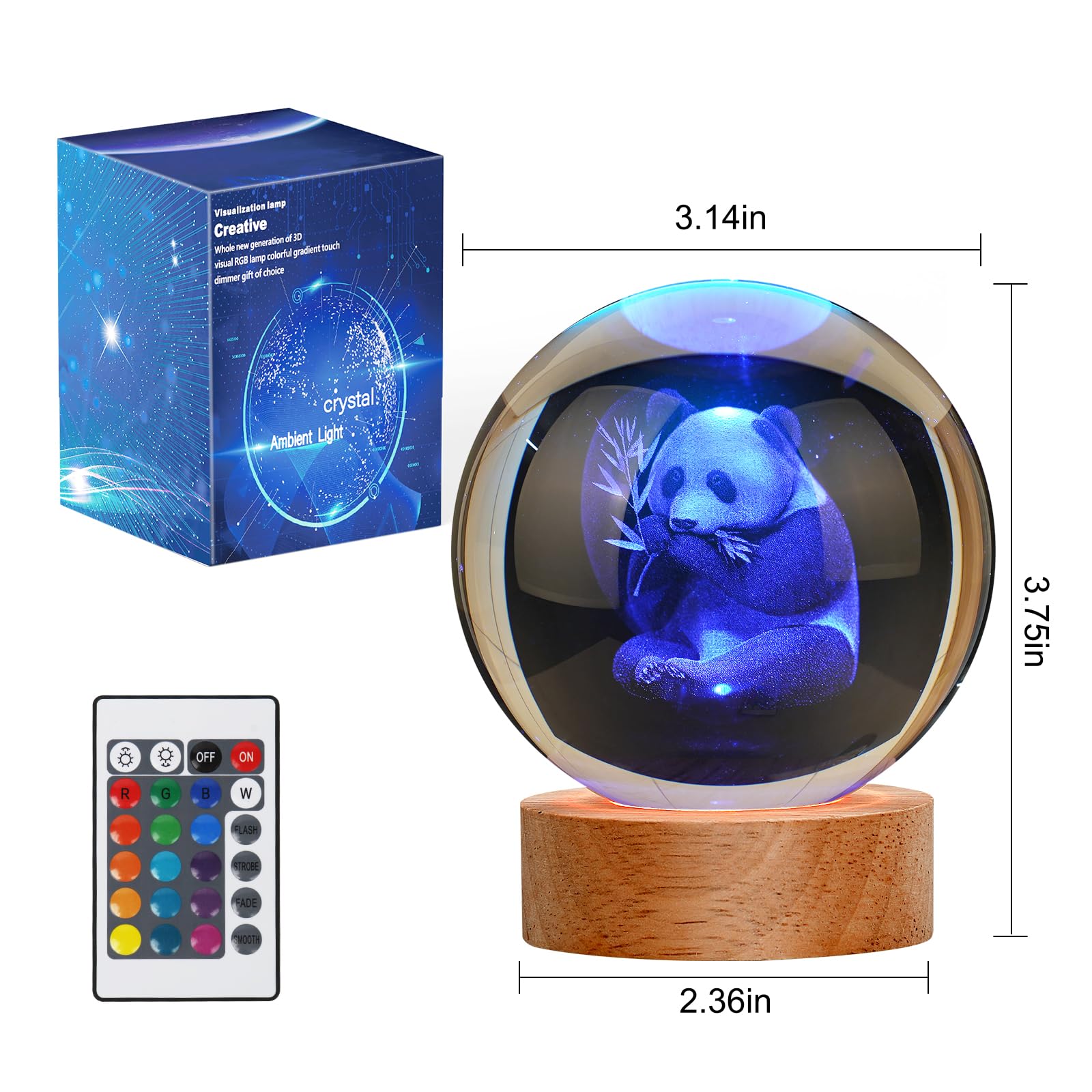 Janarary Large 3D Panda Crystal Ball Night Light, Panda Figurines In Crystal Lamp 16 Color Changing With Remote Control For Bedr