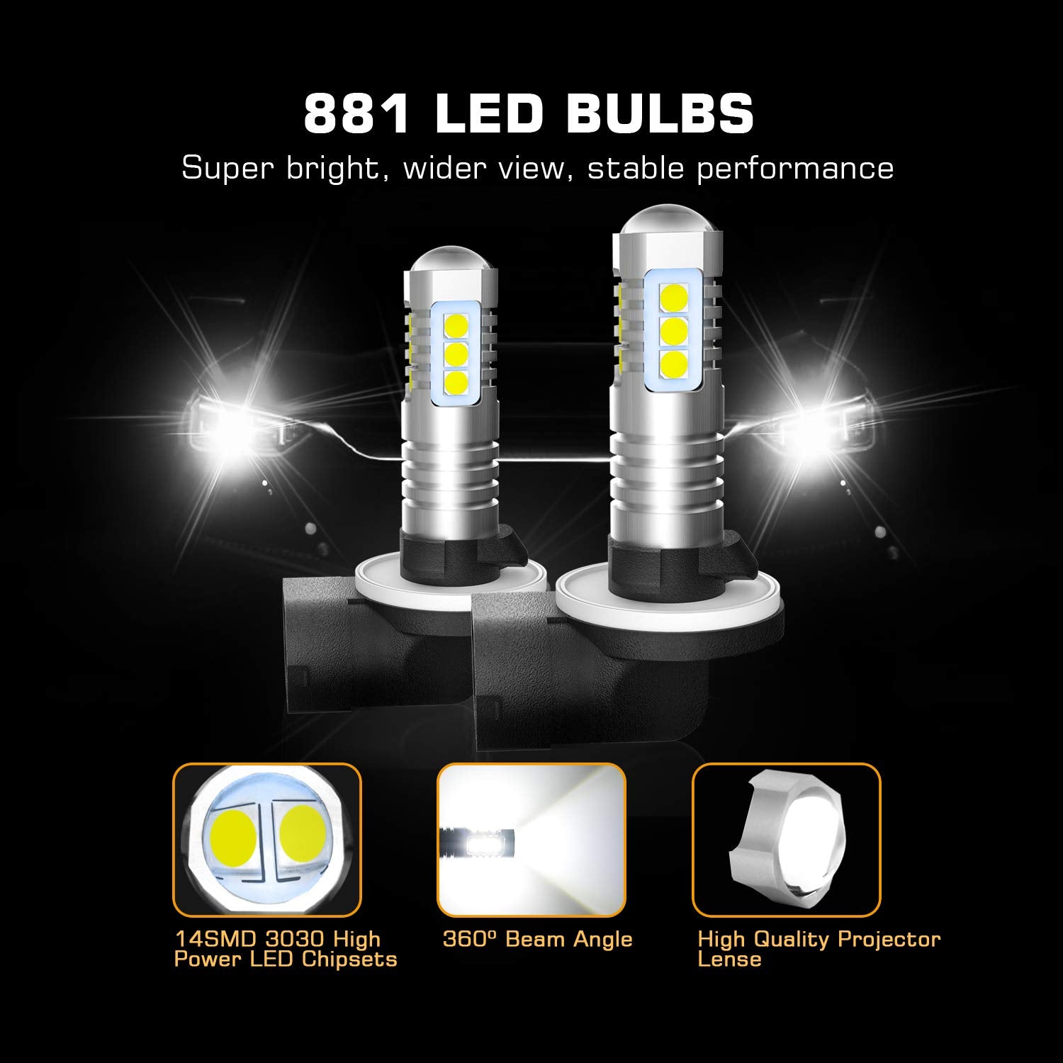 BRISHINE LED Fog Light Bulbs, 6000K Xenon White, 3030 Chips, 881/889, Aluminum, Pack of 2