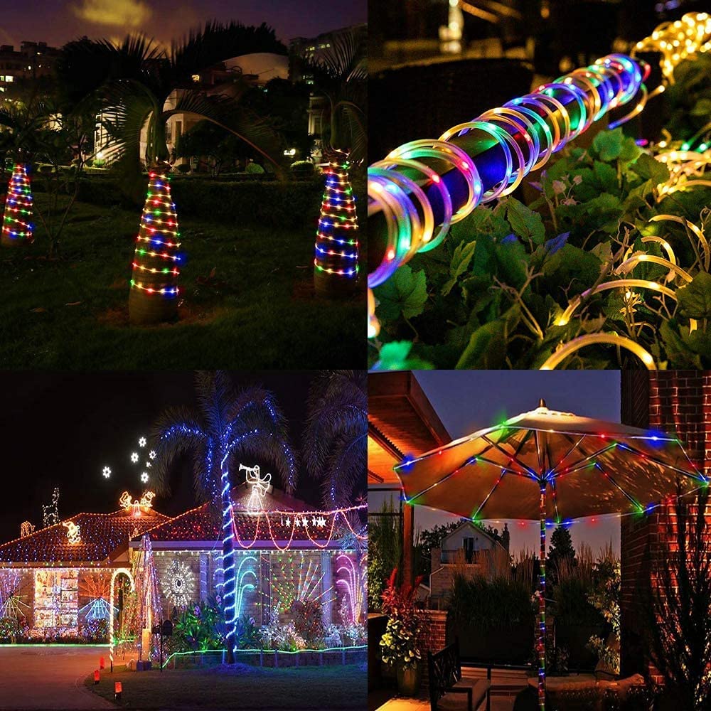 LiyuanQ 300 LED Solar Rope Lights Outdoor, 99 FT, Multicolor, PVC, Model FS-D100, 8 Modes, Waterproof Fairy Lights for Garden Decor
