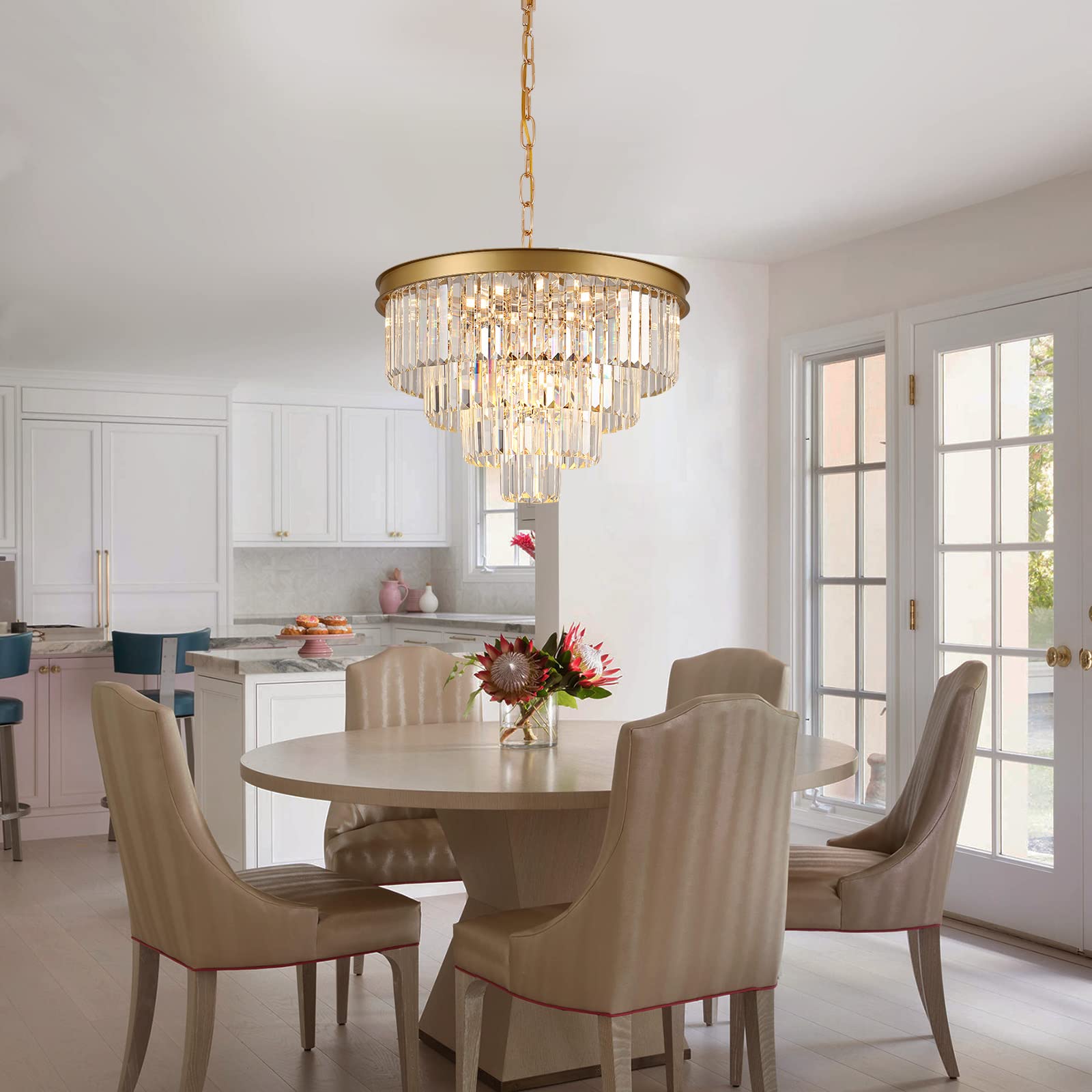 A AXILIXI Modern Crystal Chandelier, 24" Gold Raindrop 12-Light Pendant Light Fixture for Dining Room, Entryway, Living Room - Model DH88318G-600