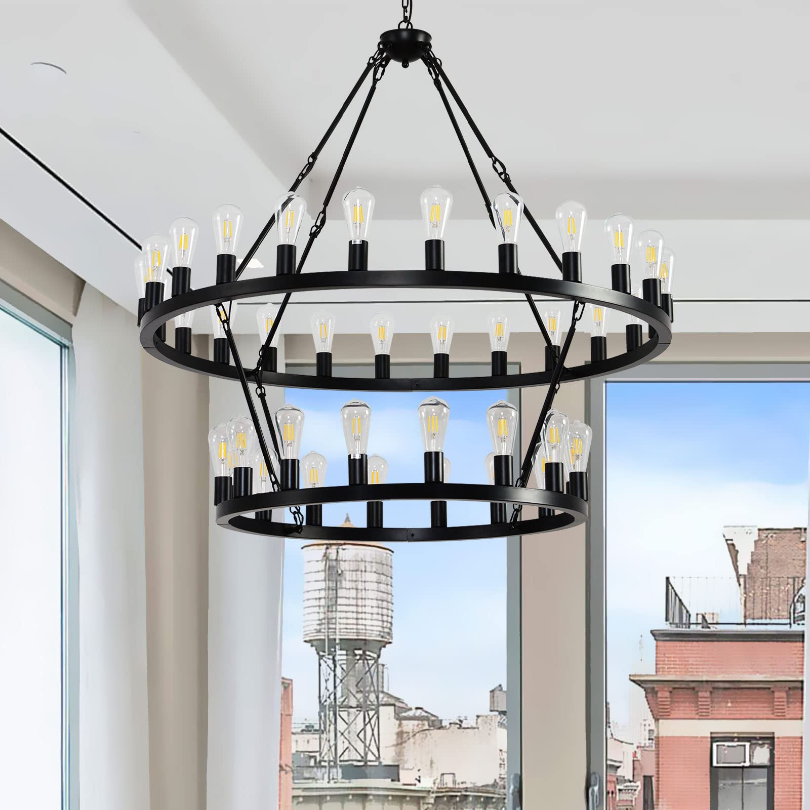 Viksroeo 48&quot; Black 40-Light 2-Tier Wagon Wheel Chandelier For Dining & Living Room