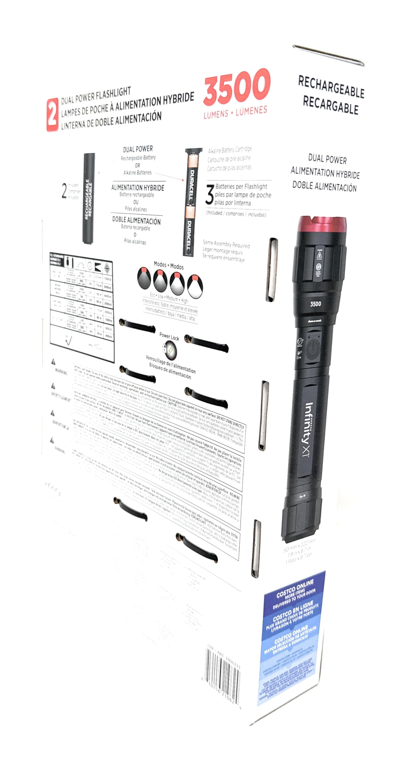 Infinity X1 3500 Lumen Dual Power Flashlight 2-Pack, LED, USB-C Rechargeable, Black, Model 1806333, Includes Batteries and Cables
