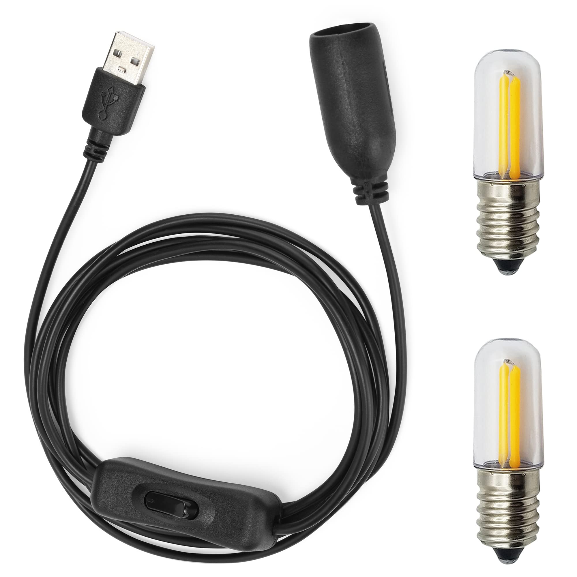 GutReise 5V USB to E14 Socket with 2 E14 LED Bulbs, Black, Plastic, Ideal for Table Lamp and Home Decoration