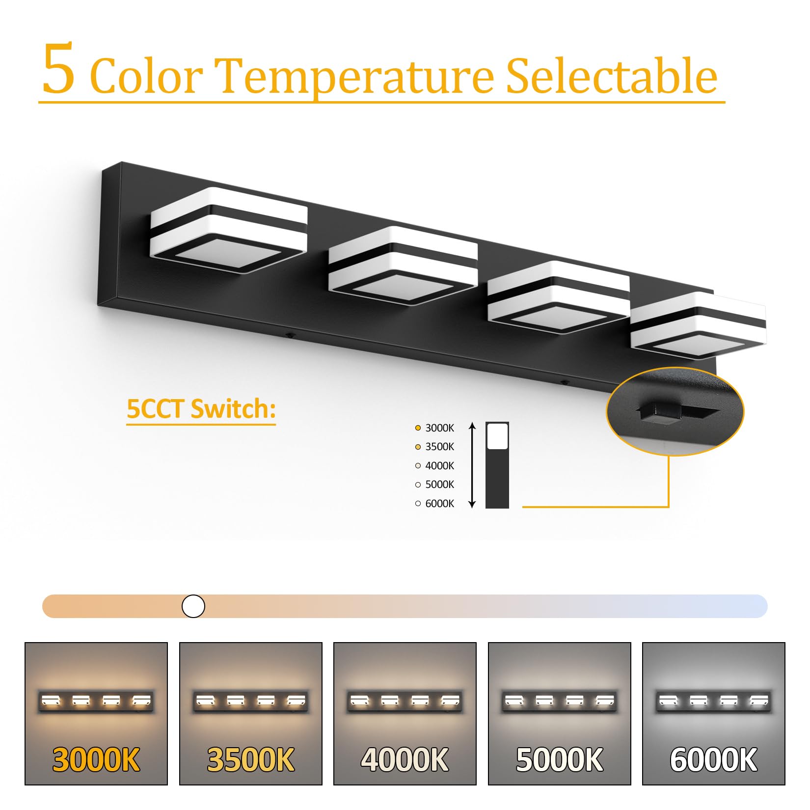 Ralbay 5 Color Temperature Dimmable Black Vanity Lights For Bathroom 4 Lights Acrylic Modern Led Matte Black Bathroom Vanity Lighting Fixtures
