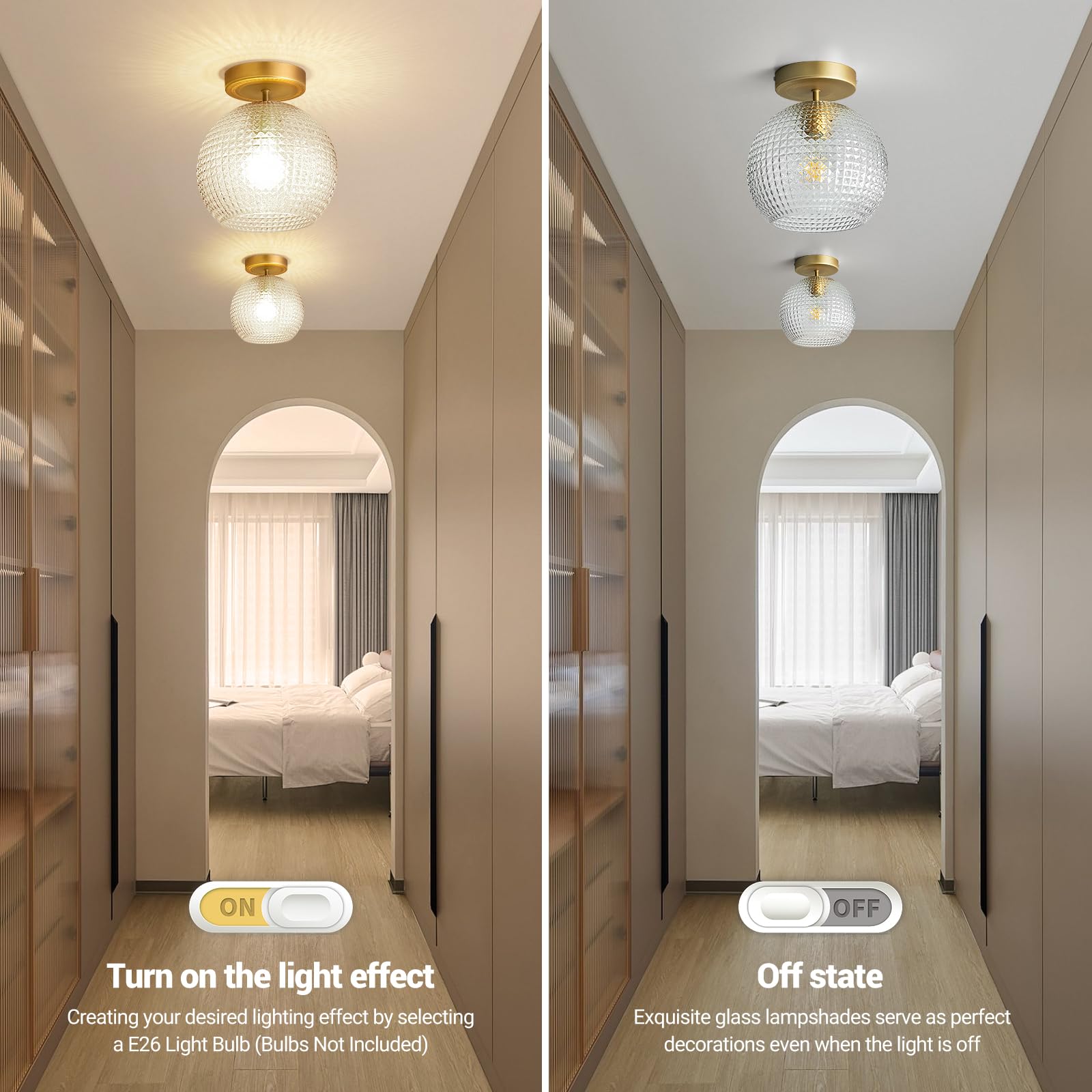 VANoopee Gold Semi Flush Mount Ceiling Light Fixture, Hallway Lighting Fixtures Ceiling, Vintage Close to Ceiling Light Fixture,