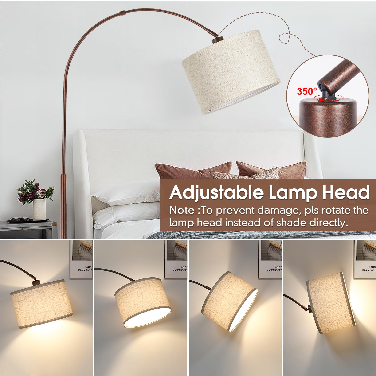 Dimmable Arc Floor Lamps For Living Room, Mid Century Floor Lamp, Antique Bronze Standing Lamp With Adjustable Hanging Shade, Ta