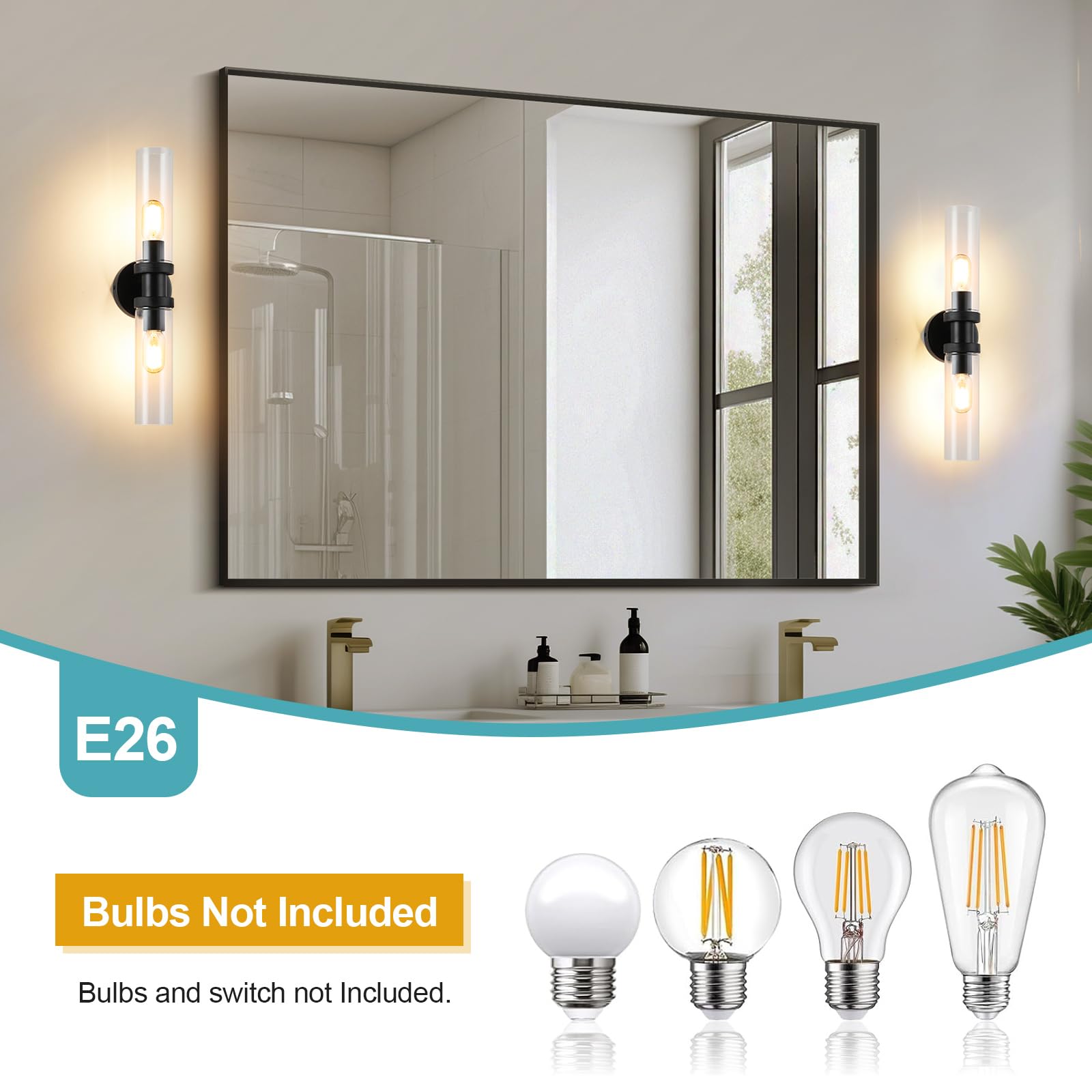 Ecobrt 2 Light Bathroom Vanity Light Side Mirror Farmhouse Bathroom Light Fixtures Black, E26 Wall Lamps For Bedroom, Industrial