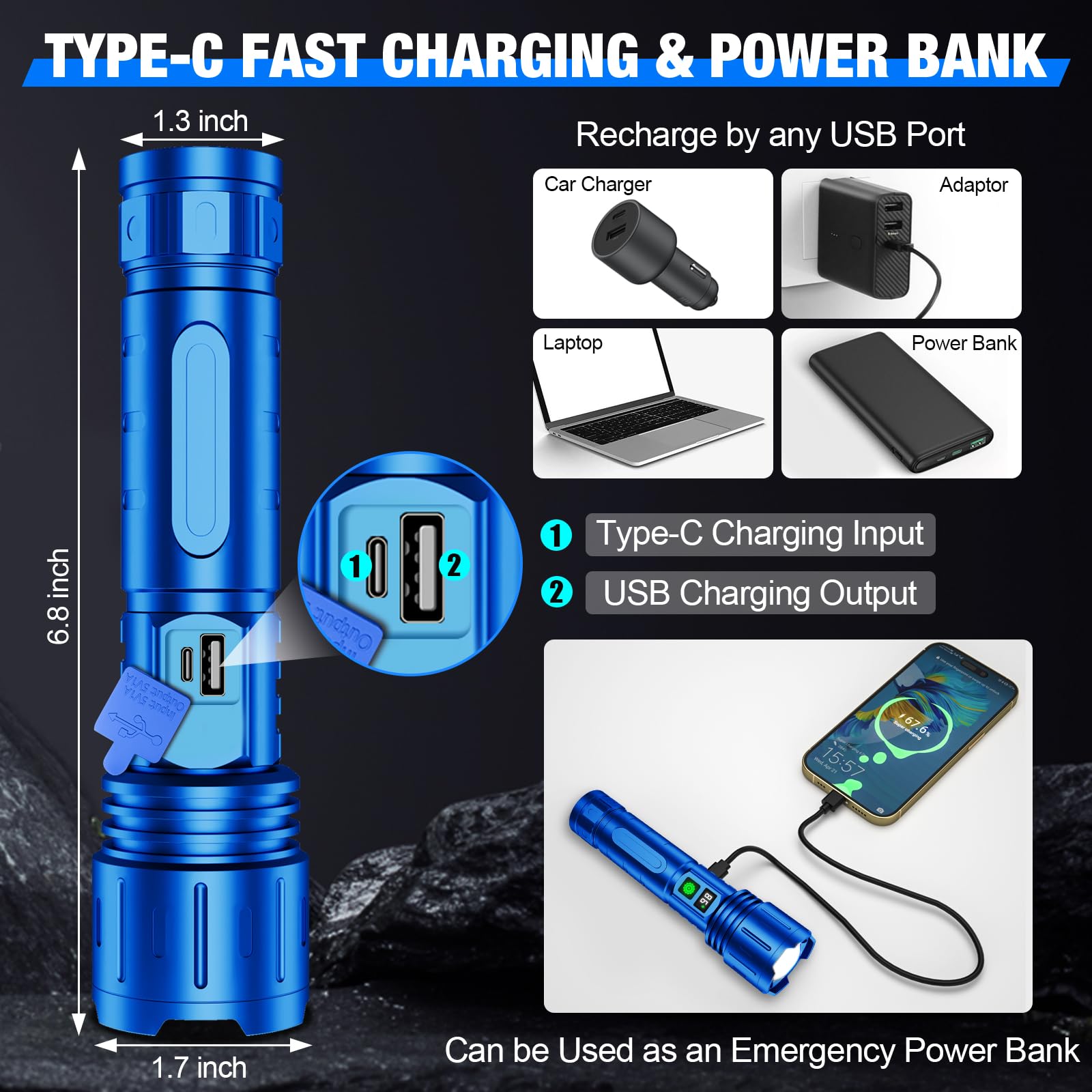 Banral High Lumens Rechargeable Flashlight, 100000 Lumens, 5 Modes, Zoomable, IPX5 Waterproof, Aluminum, Blue, Model K-2302-B