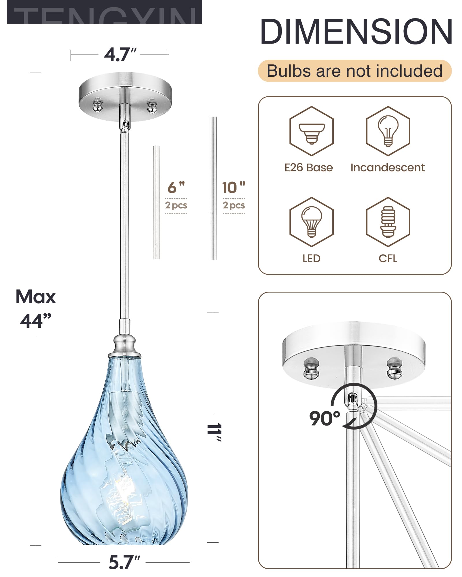 Tengxin 2 Pack Island Pendant Lights, Brushed Gold Striped Glass, Farmhouse Style For Dining Room & Bedroom, Txplbn13-2