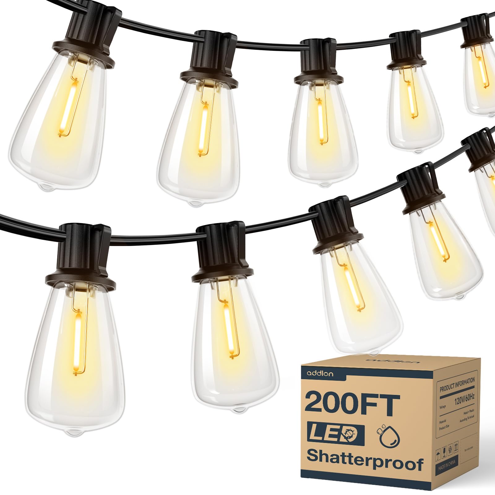 addlon LED Outdoor Lights, 200FT Waterproof Patio String Lights, 64 Shatterproof Bulbs, Dimmable, Black, Model A09050101009