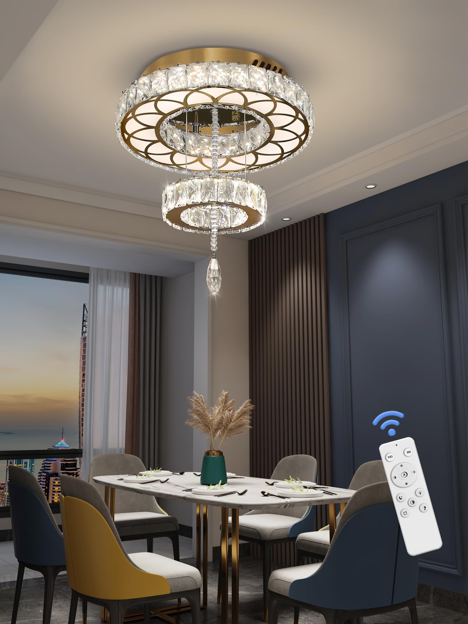 Flashing God 16" Crystal Chandelier LED Flush Mount Ceiling Light, Gold, Dimmable 2700K/4500K/6000K, Model MMQ0268-40-J