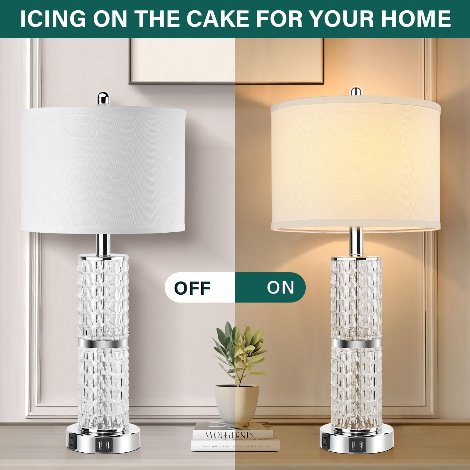 Gobright 3-Way Touch Control Crystal Table Lamps Set Of 2 With Usb Ports & Ac Outlets, 26&quot; Tall
