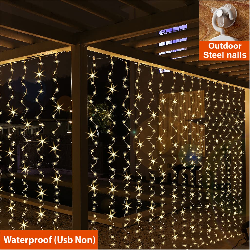 ZSJWL 2 Pack Curtain Lights, 300 LED Warm White Fairy Lights, 9.8x9.8 Ft USB Plug, Copper Wire with Remote, Ideal for Bedroom and Parties