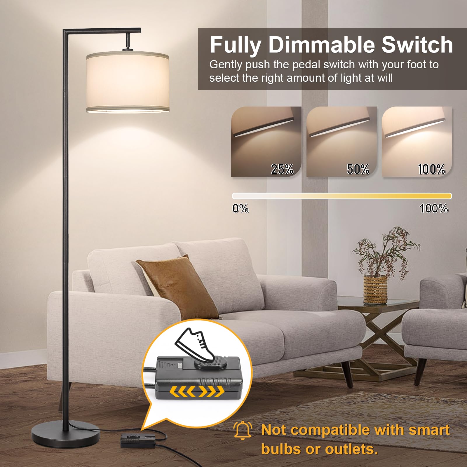 Boncoo Dimmable Black Floor Lamp, Modern Adjustable Drum Shade, Tall Reading Light for Living Room, Bedroom, Office, Model 13046