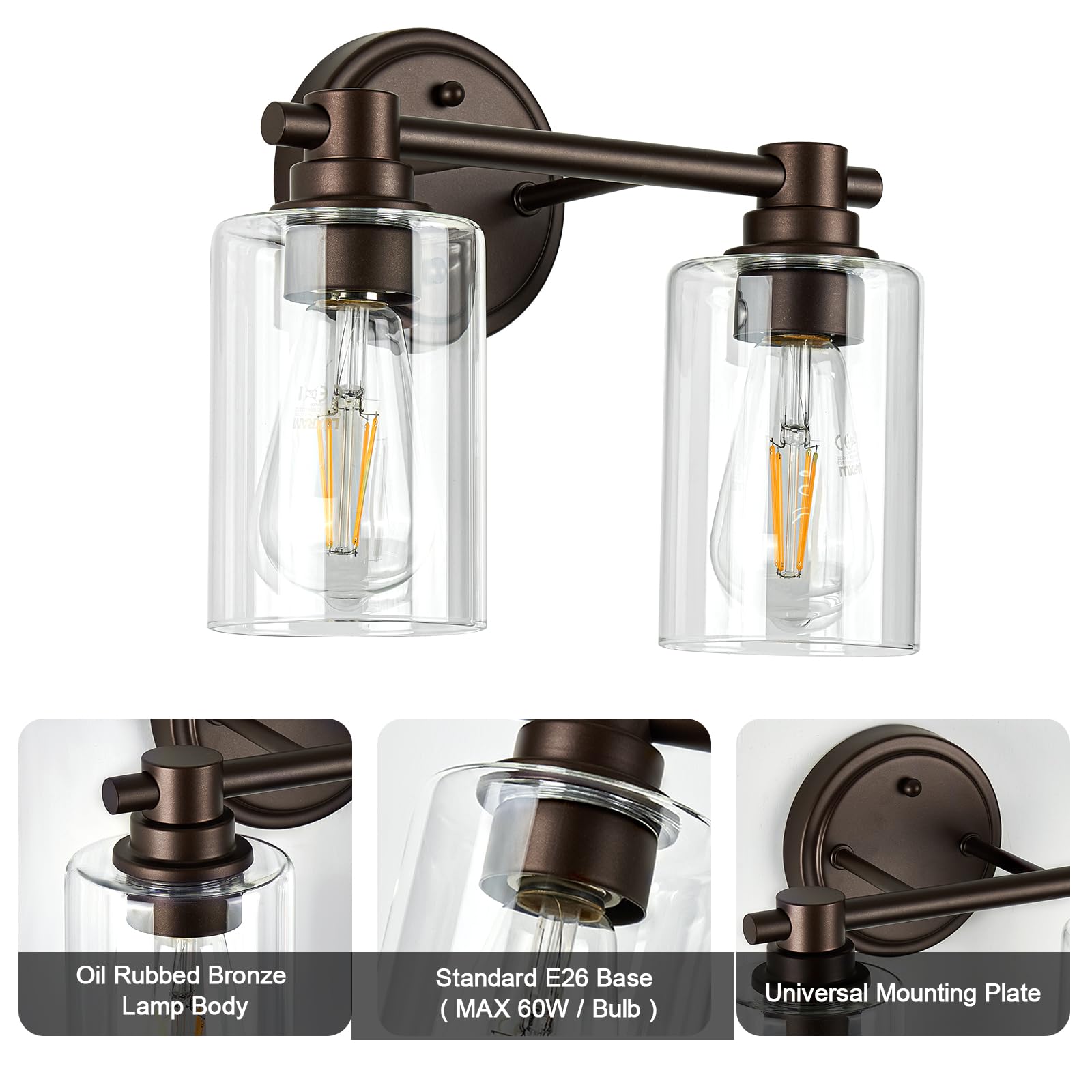 Alaislyc 2-Light Bathroom Wall Sconce, Oil-Rubbed Bronze With Clear Glass - Vanity Lighting