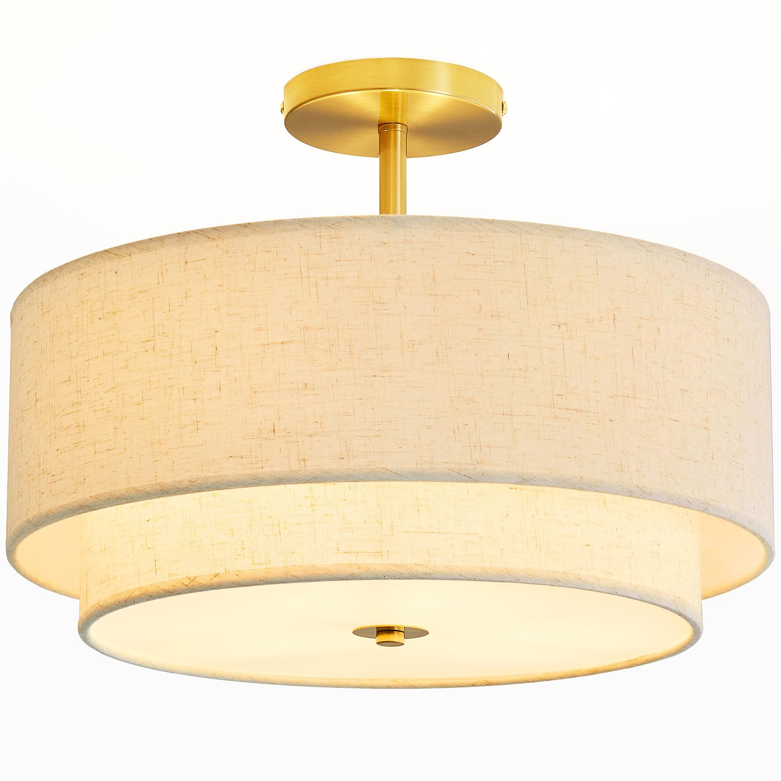 Double Drum 3 Light Semi Flush Mount Ceiling Light, Close To Ceiling Light Fixture, 16 Inch With Fabric Linen Shade, Gold Brass,