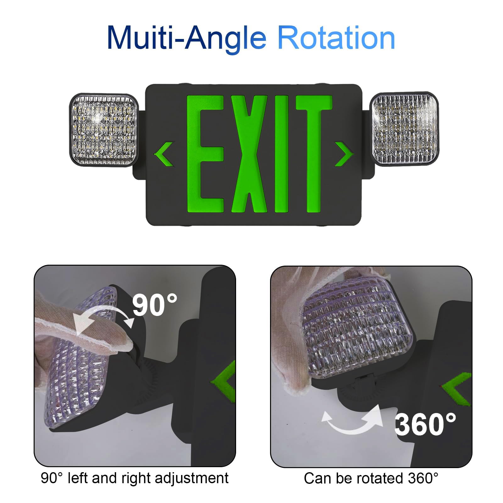Cm Mzy Black Housing,Green Exit Sign With Emergency Light, Two Adjustable Square Head,Exit Sign With Battery Backup,Us Standards