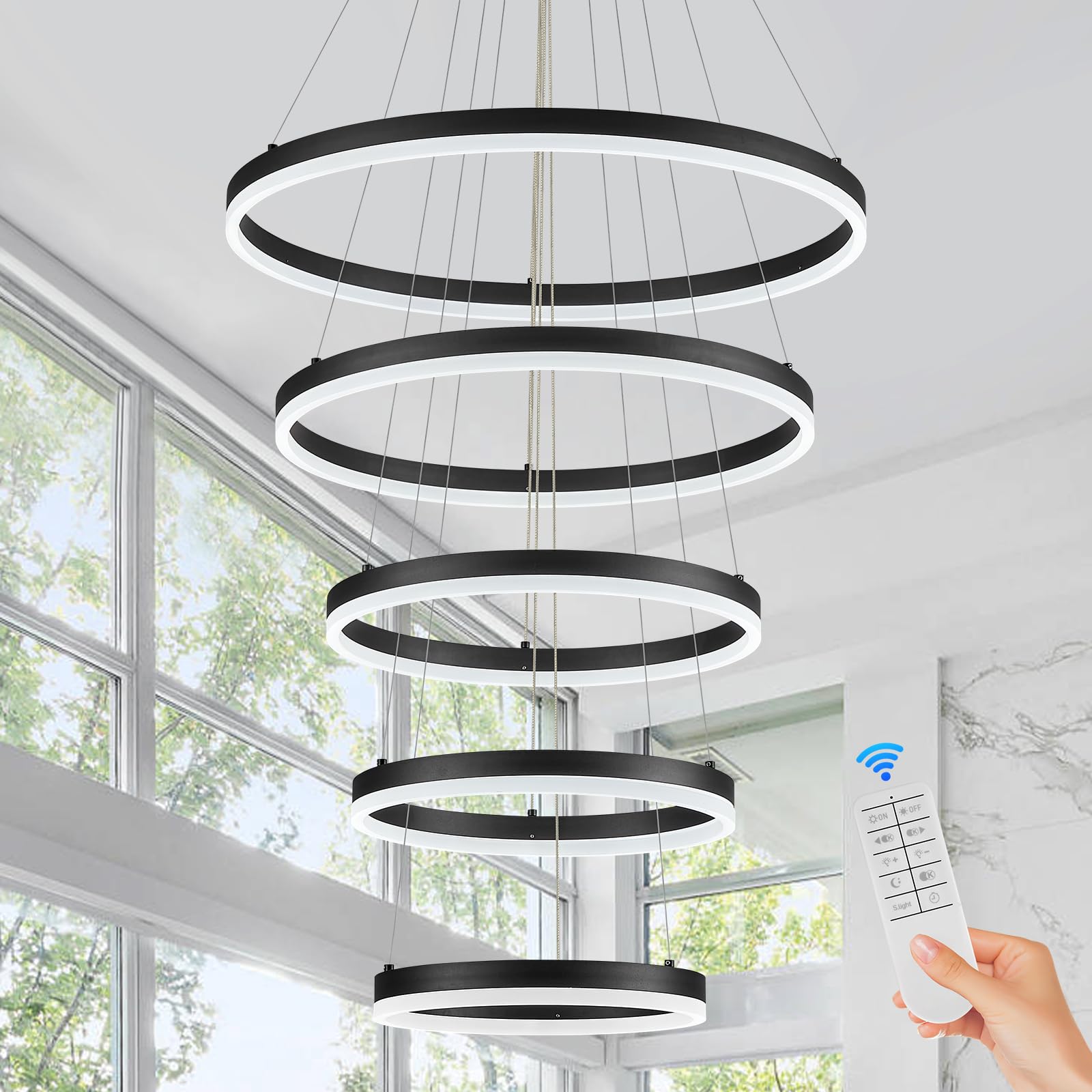 Benkut 5-Rings Modern Led Chandelier Black High Ceiling Chandelier With Remote Control Dimmable Contemporary Chandeliers For Dining Room Foyer Living Room Entryway Staircase(3000K-6500K, D23.6’’)