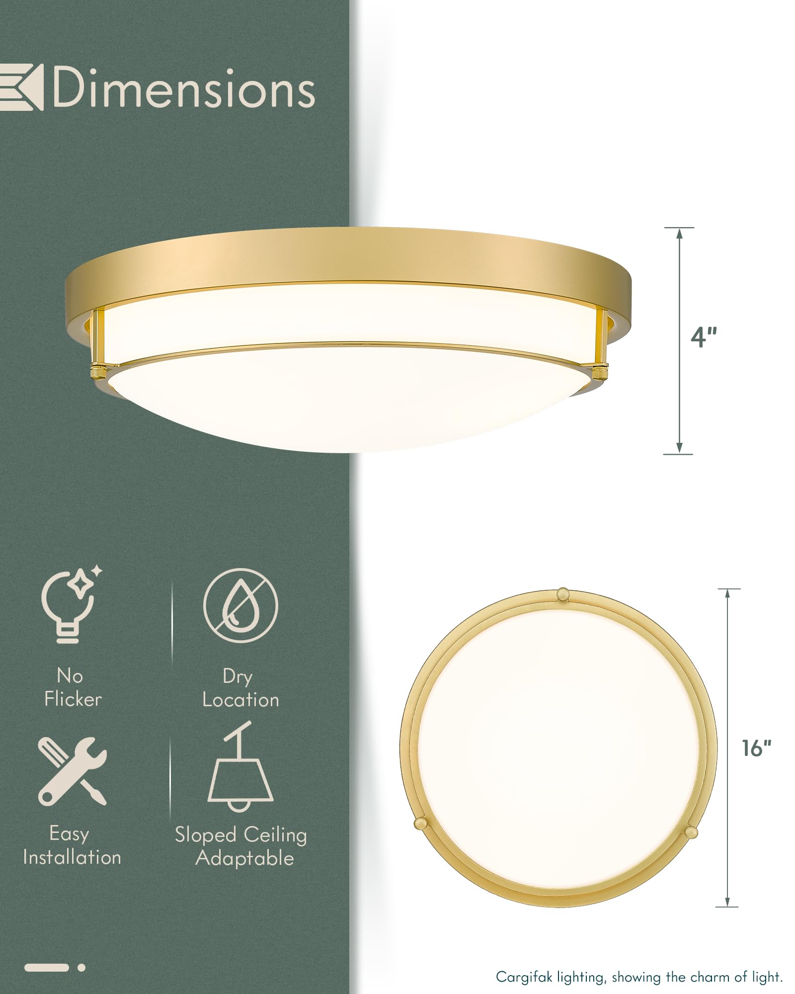 Cargifak 16in Flush Mount Ceiling Light, Frosted Glass Shade, Brass Gold, Model CKCL4822-3W-BB
