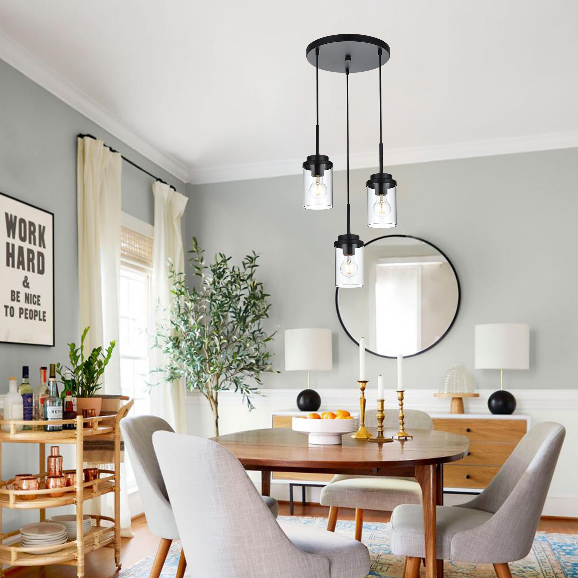 MELUCEE 3-Light Black Pendant Light Fixture with Clear Glass Shade, Modern Design for Kitchen Island, Model 4-4501-3RD-BL