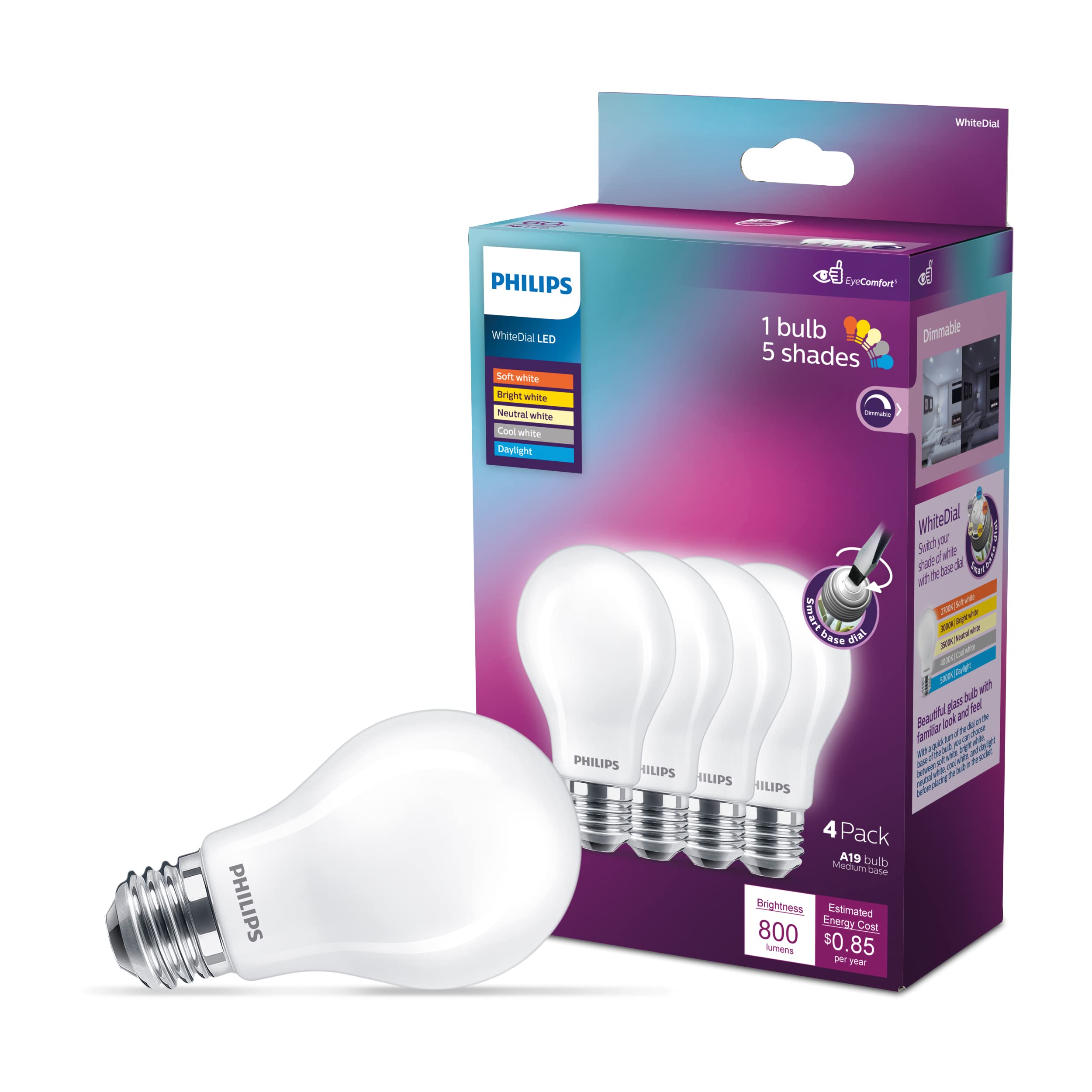 PHILIPS LED 60W A19 4-Pack WhiteDial Mult-CCT (5000K) 800 Lumen (7W = 60W) Dimmable Frosted Flicker-Free Light Bulbs
