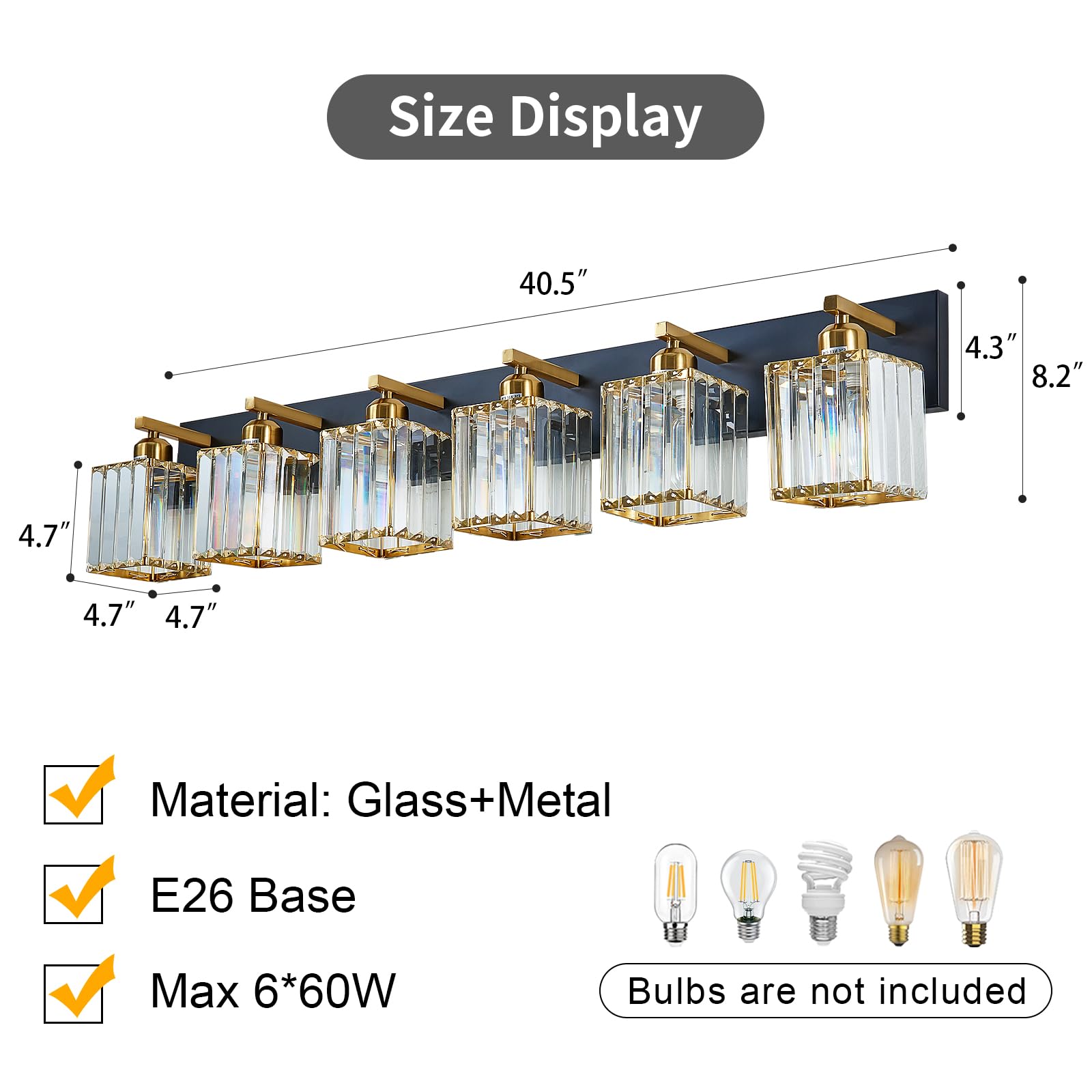 Aixialin 6-Light Modern Crystal Bathroom Vanity Light, Black Gold Iron, Model 600-100-1018