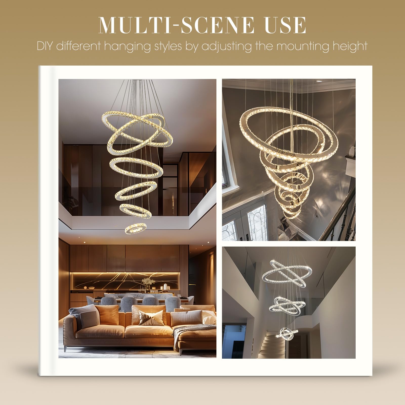 Siljoy 6 Ring Crystal Chandelier Lighting - LED Ceiling Fixture, High Ceiling Foyer, Stainless Steel, Model HLP168-234567