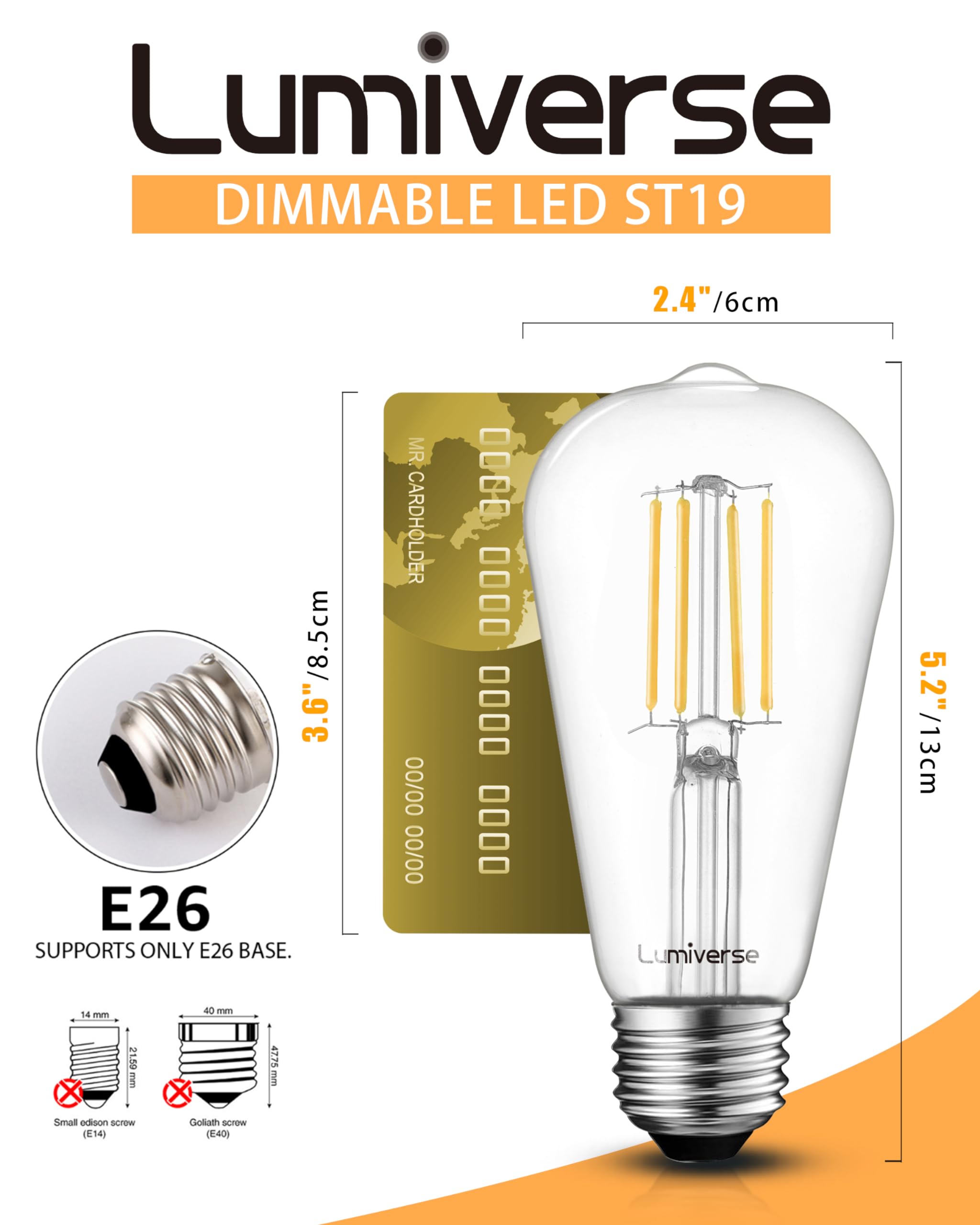 Lumiverse Edison Bulbs 60W Equivalent, Dimmable Led Light Bulbs, Cri 90+, Vintage E26 Lightbulbs, 2700K Warm White, St19 St58, 5