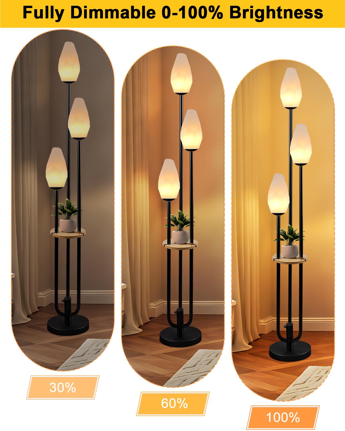 Lightdot Dimmable Floor Lamp with Table, 63in, Metal, Oval-Black, 3-Lights, Model LFLL