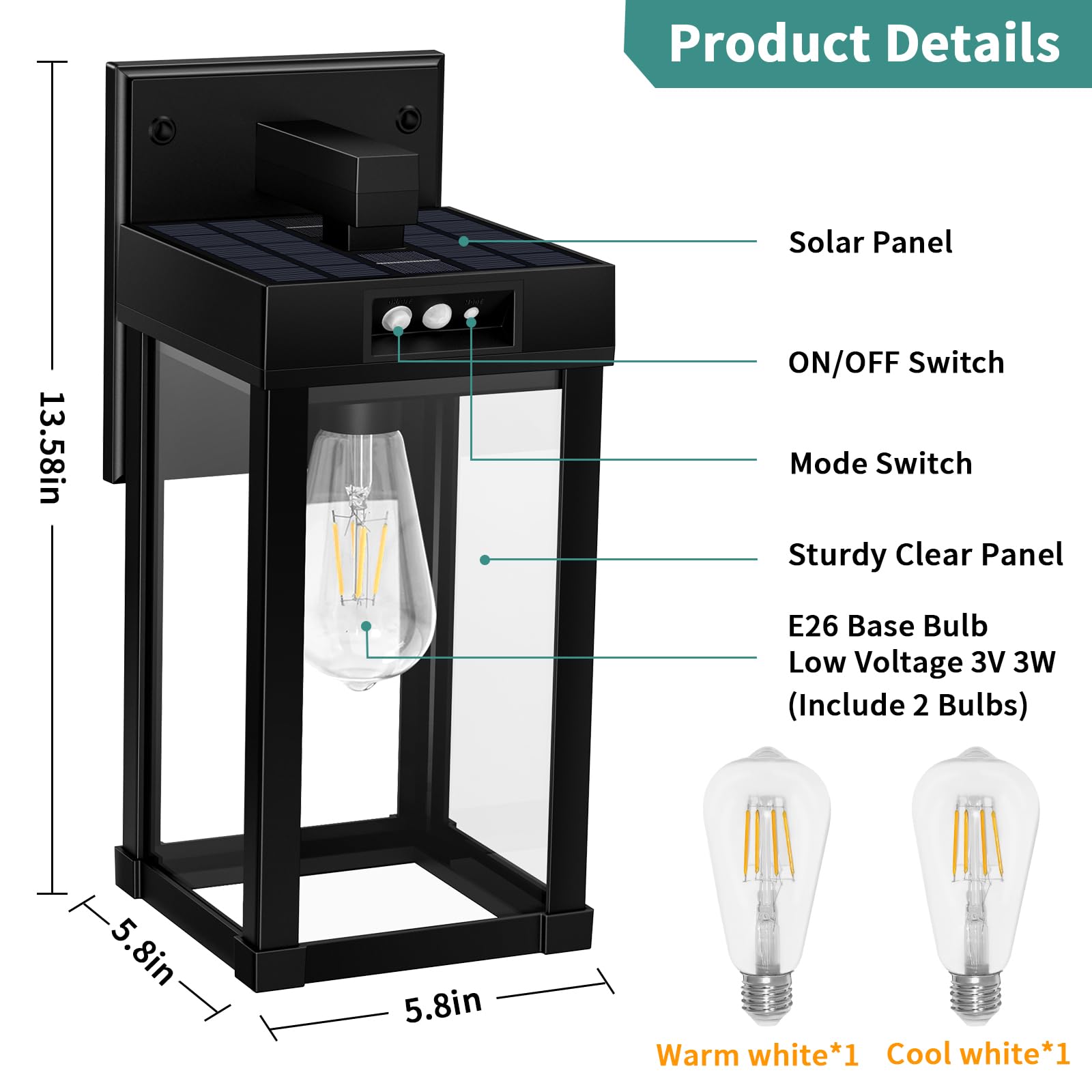 AEQ Solar Wall Sconce, 3 Modes & Motion Sensor, Waterproof Outdoor Light, Black, Model AE02, 5.8 x 5.8 x 13.58 in