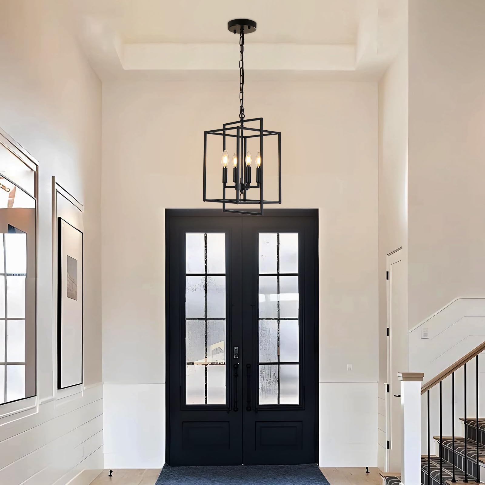 Kmaipem Vintage Black Chandelier, 4-Light Farmhouse Chandeliers For Dining Room, Modern Metal Geometric Lantern Hanging Pendant