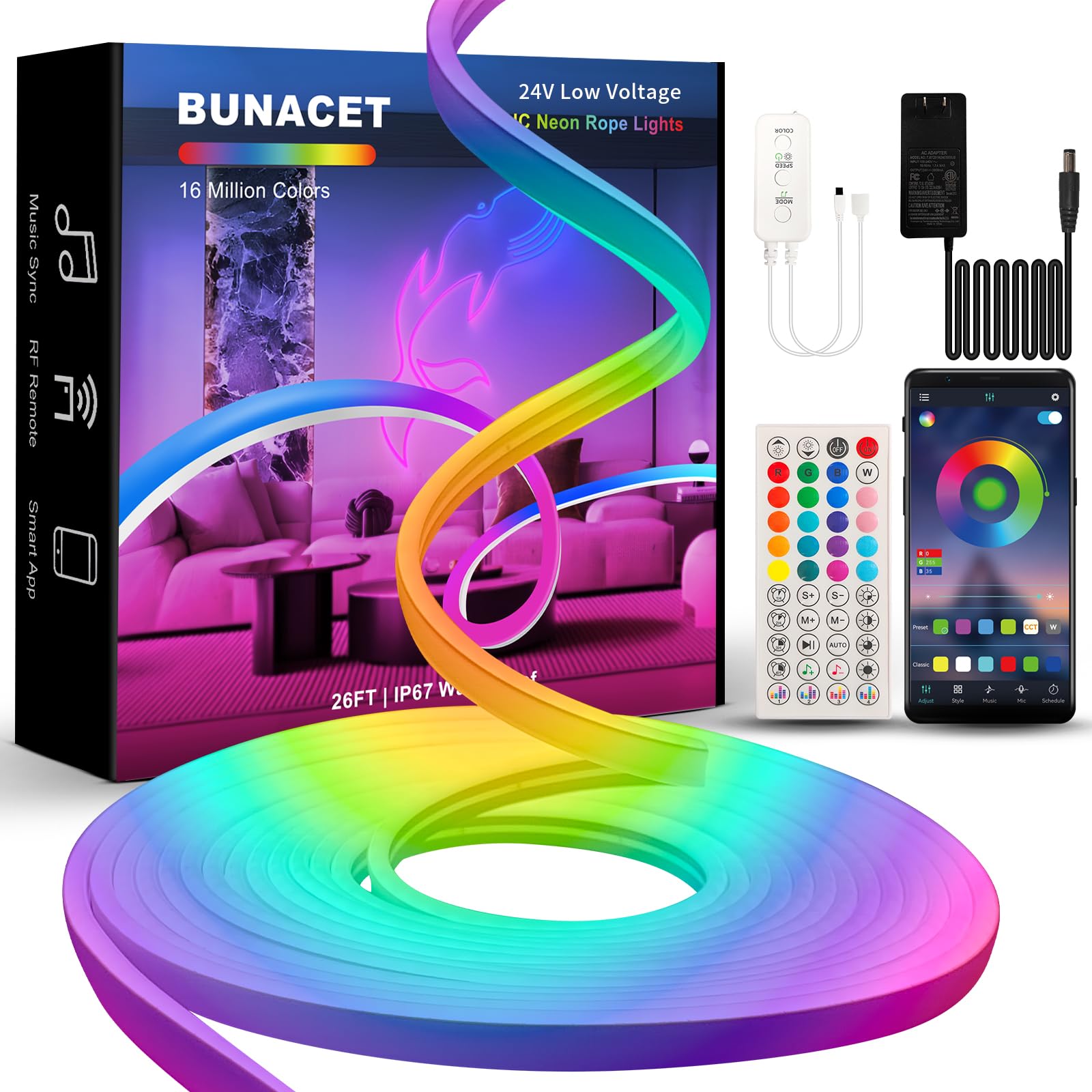 BUNACET LED Neon RGBIC Strip Lights, 26FT, IP67 Waterproof, Music Sync, RF Remote & APP Control, enhanced Silicone, Model BNT-DE-LED-Lights