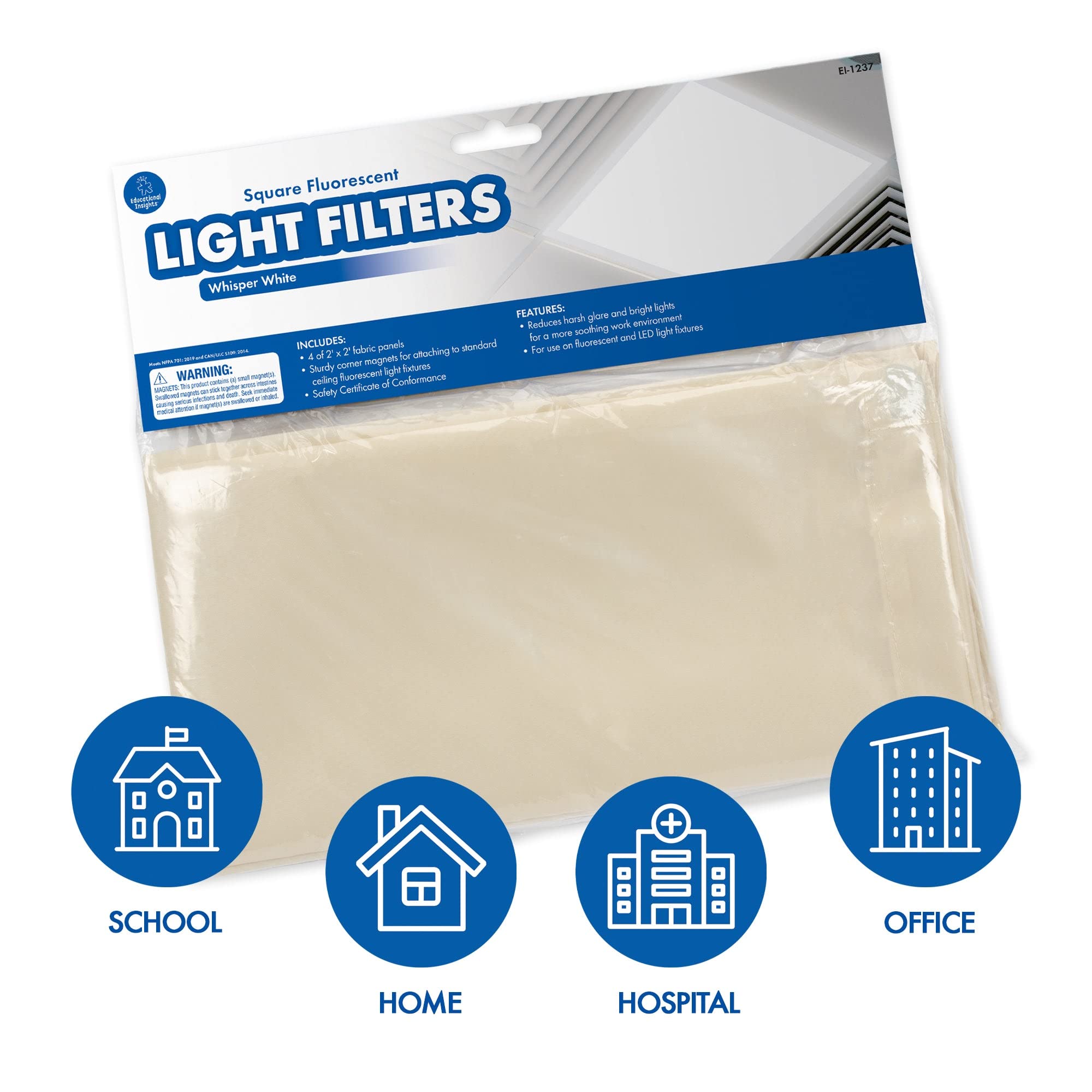 Educational Insights Mini Light Filters Whisper White, 2’ X 2’ 4-Pack, Square Fluorescent Light Covers, Easy Install For Office, Hospitals, Home & Classroom Must Haves