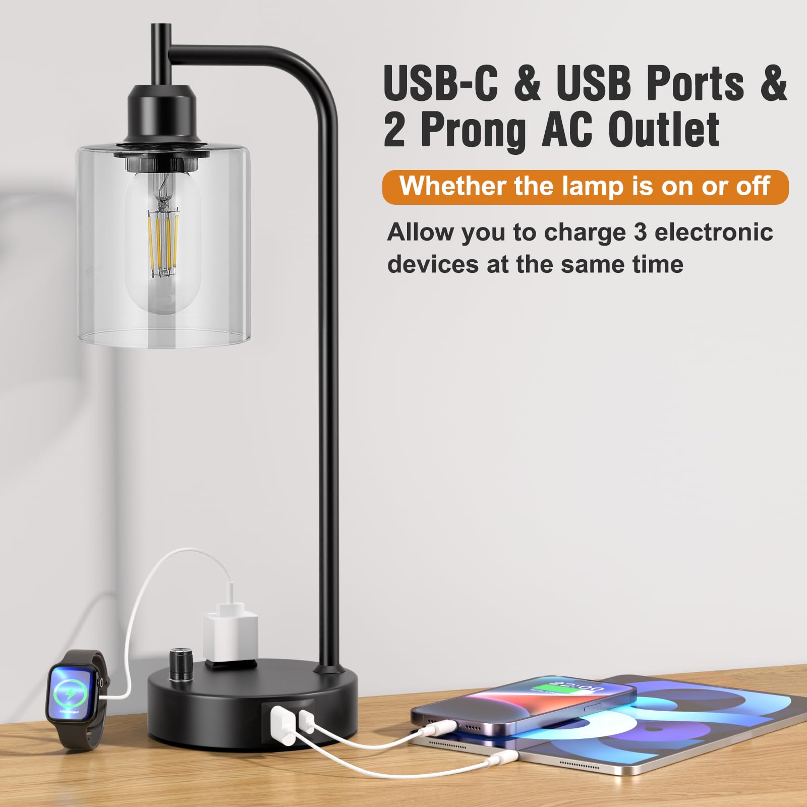 Innqoo Industrial Nightstand Lamps Set of 2 - Fully Dimmable, Black Glass Shade, USB A/C Ports, Model 2-5